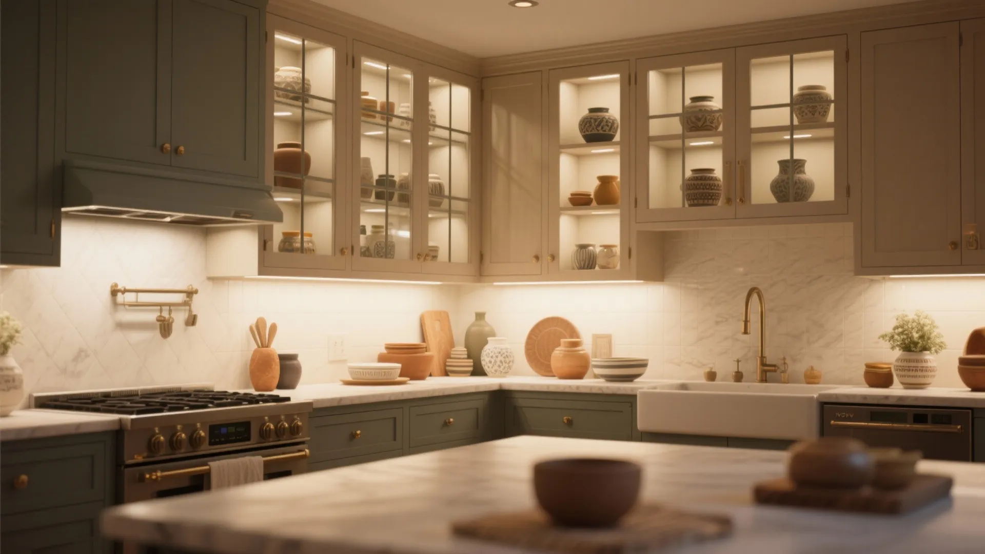 5. Shaker with Glass Inserts and Open Shelving