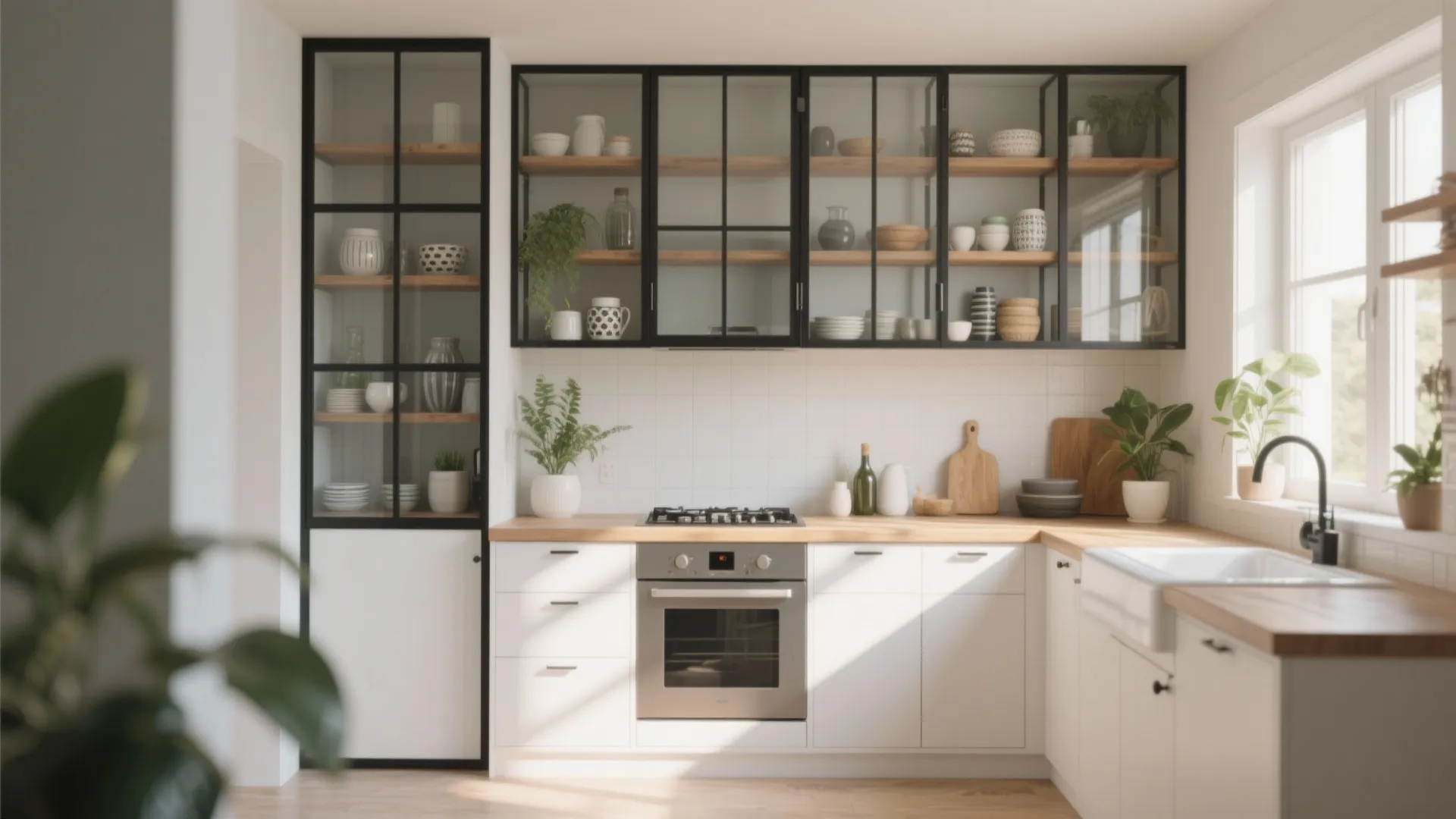 Compact kitchen with glass-front upper cabinets and open wood shelving creating an airy feel.