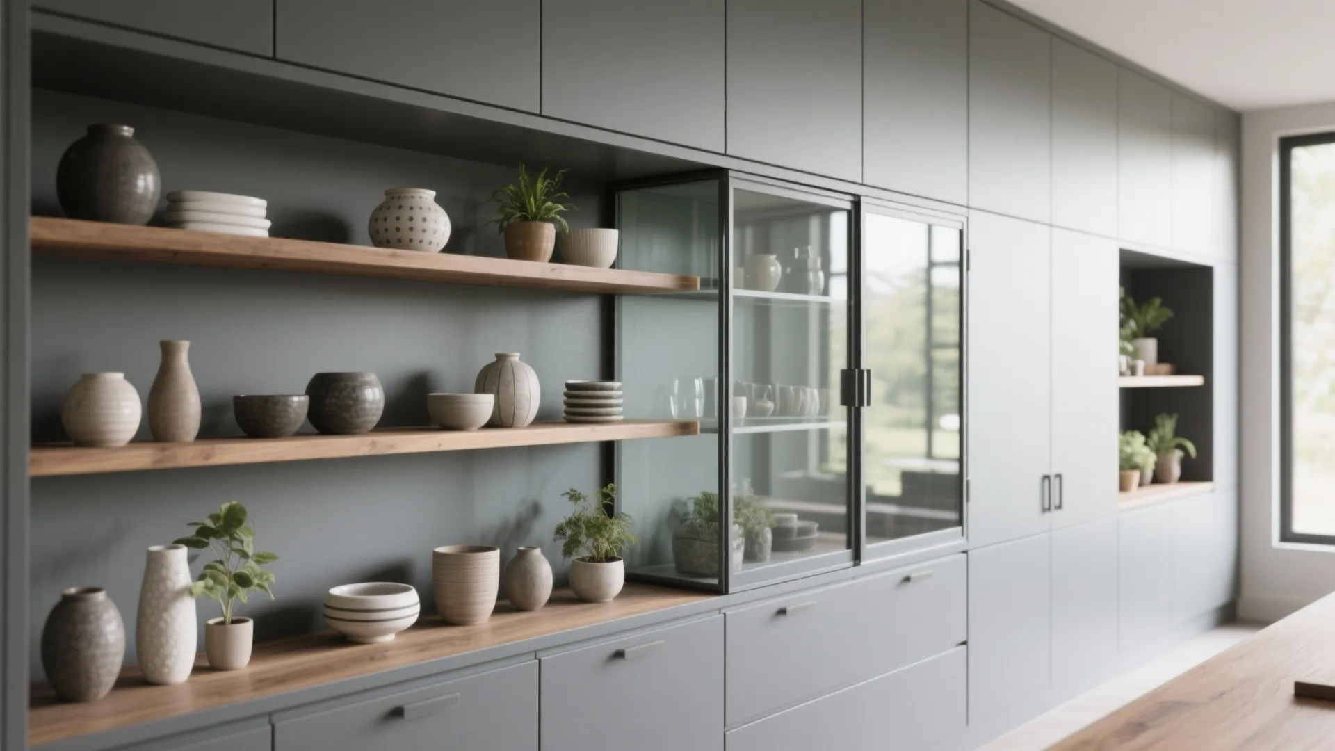 Slate gray cabinetry with glass-front units and open wood shelves styled with ceramics and plants