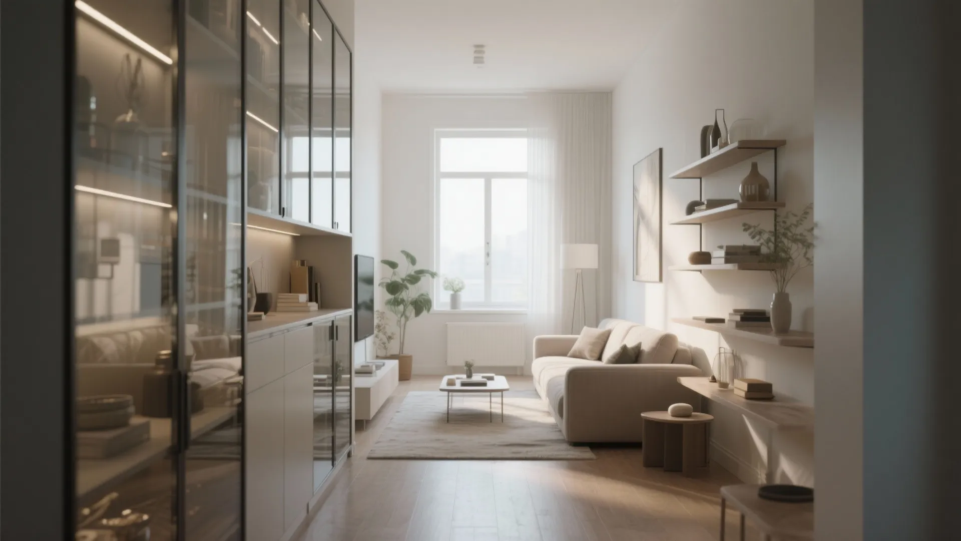 Glass and open shelving keeps narrow room airy