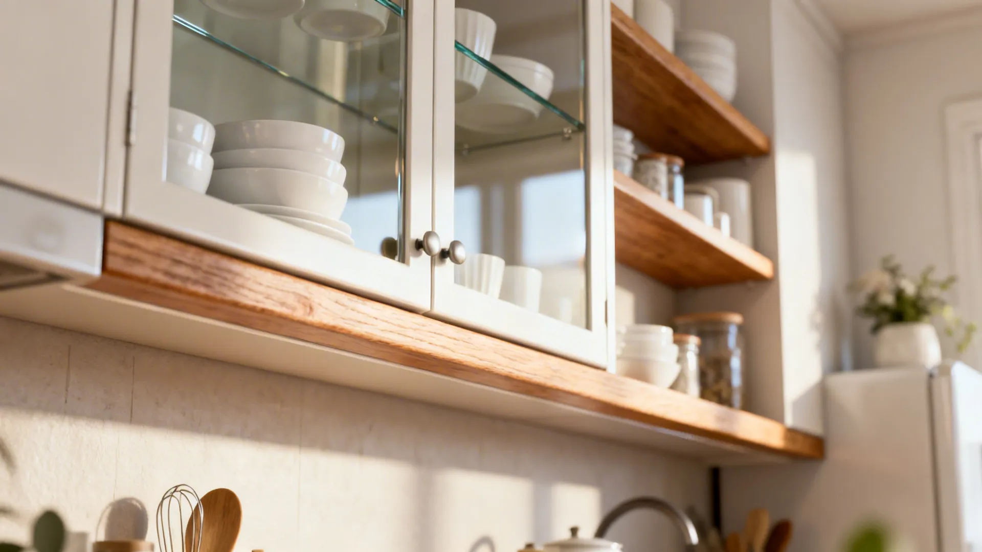 Glass-front cabinet and open shelving with curated dishes creating visual depth in a small kitchen.