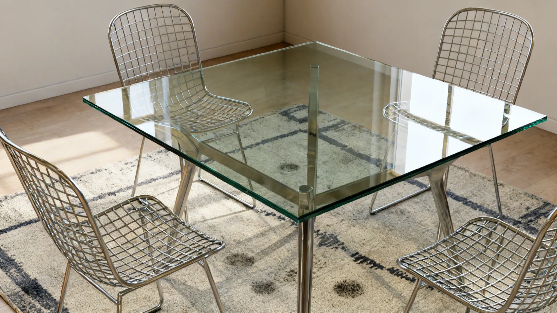 Modern dining room featuring a square glass table with metal mesh chairs on a rug