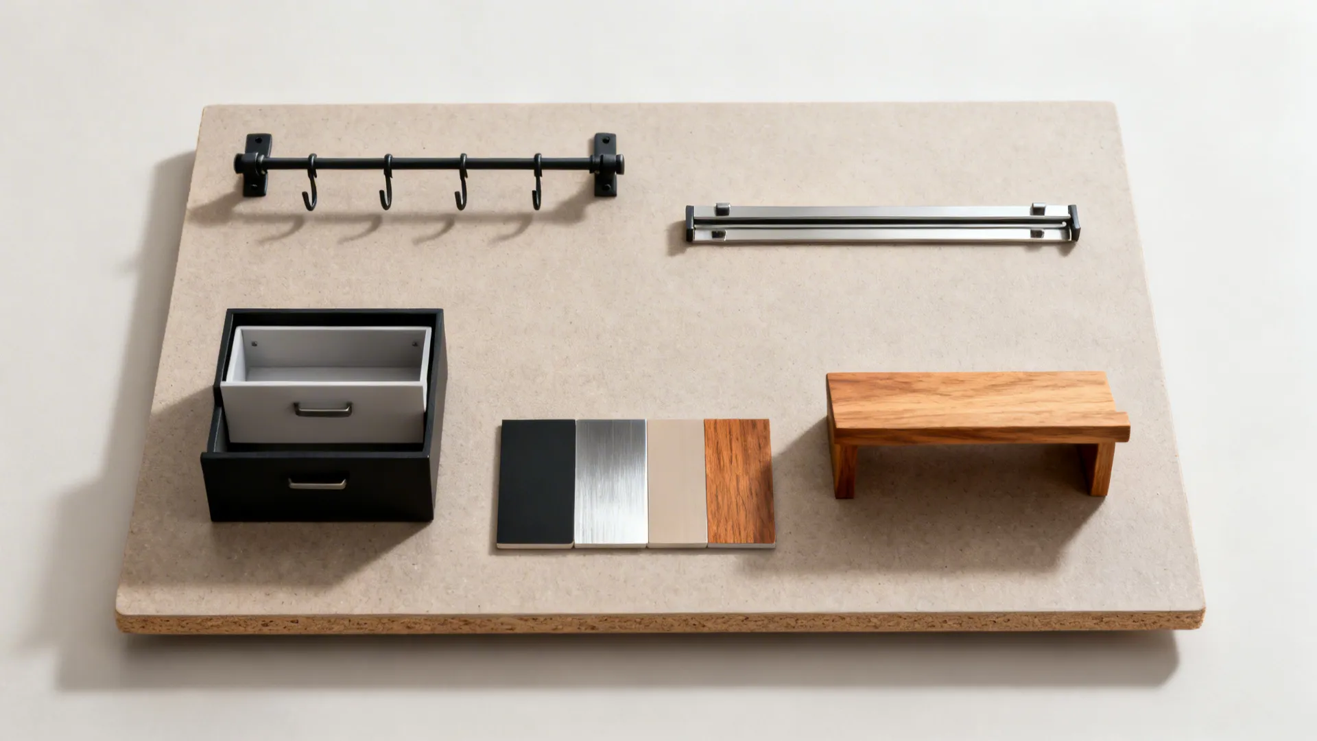 Flat lay display of black wall hooks metal bars small drawer and various material samples