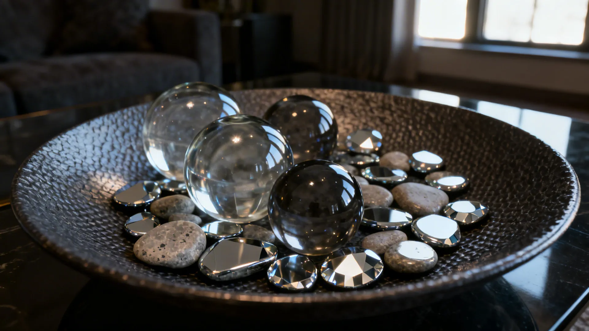 Modern black bowl holding clear glass balls small round mirrors and gray pebbles on table