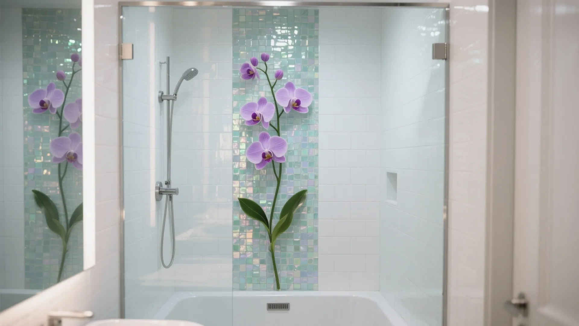 Glass mosaic flower mural in the shower