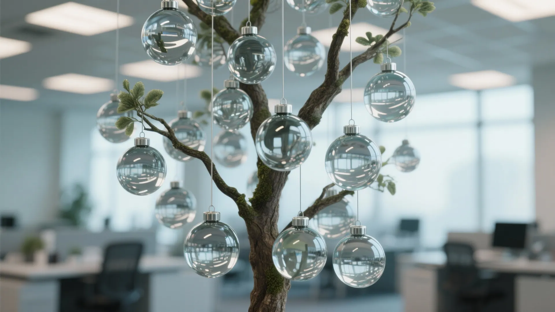 Decorative tree in a modern office with many round clear glass balls hanging from branches