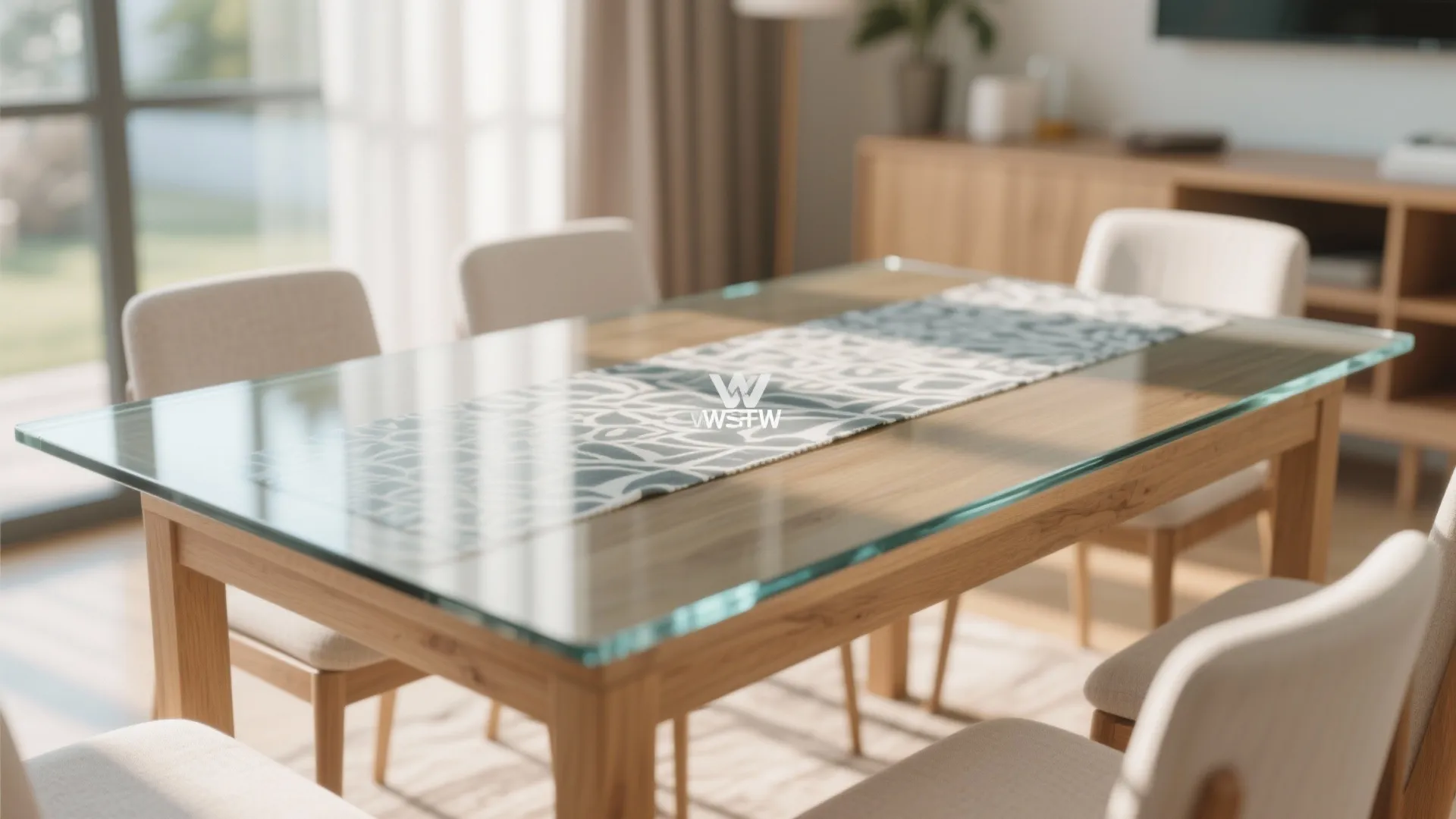 Modern wooden dining table with a glass top and patterned runner surrounded by white chairs