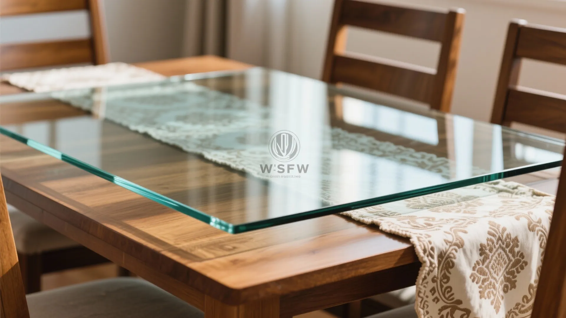 Close view of clear glass table top protector on a wooden dining table with chairs