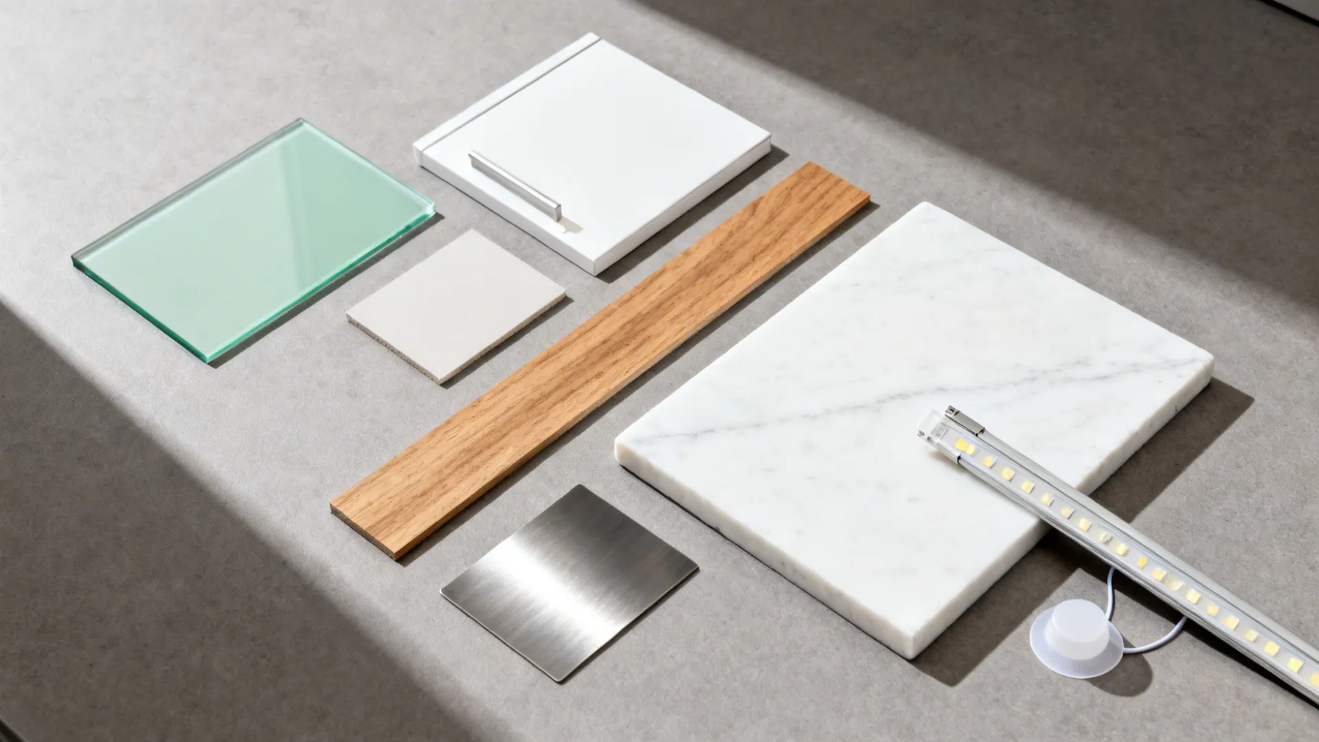 Flat lay of pale green glass, white cabinet and quartz samples with oak and stainless accents.