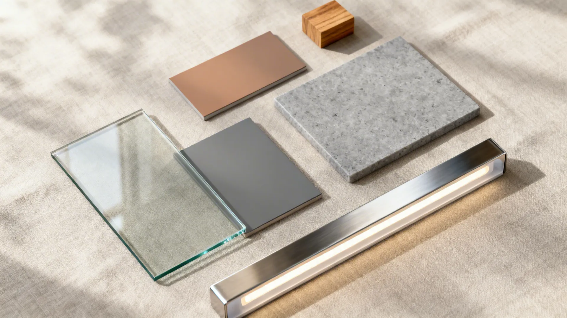 Top-down material flatlay with low-iron glass, matte cabinet finish, stone, stainless, and oak.