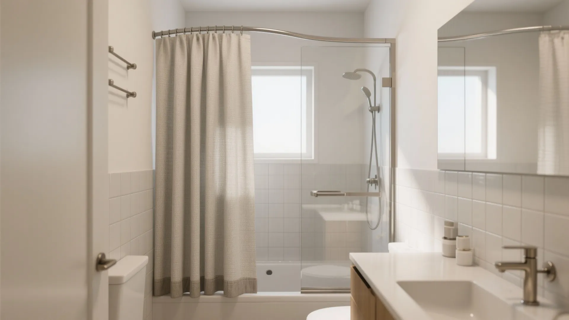 Modern bathroom featuring white tiles glass shower door beige curtain bathtub and white vanity sink