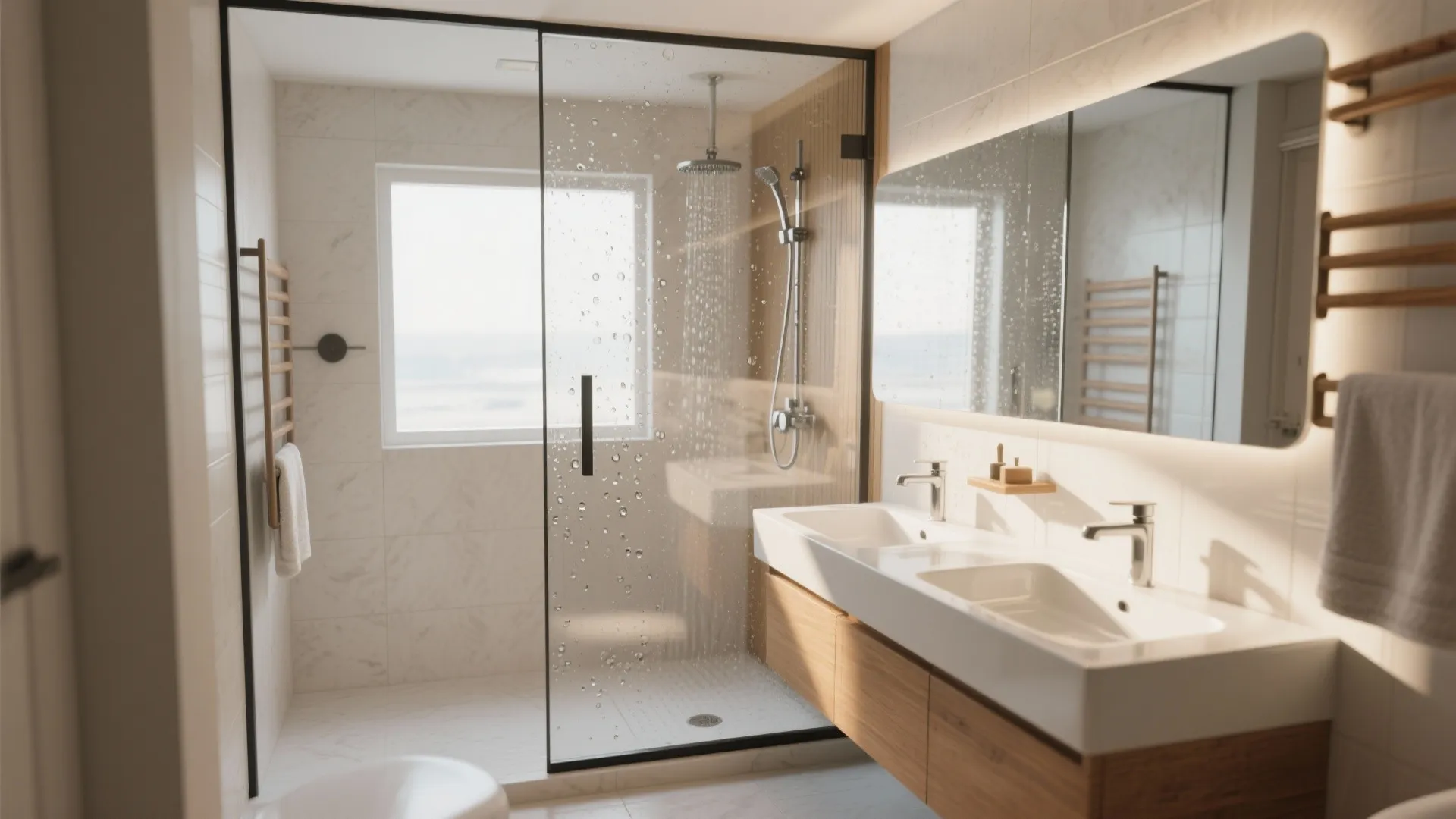Clean bathroom interior design with glass shower screen double sink wooden cabinet and large mirror