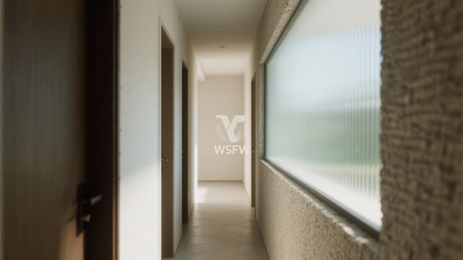 Modern hallway with textured wall panel frosted glass window wooden doors and bright natural sun light