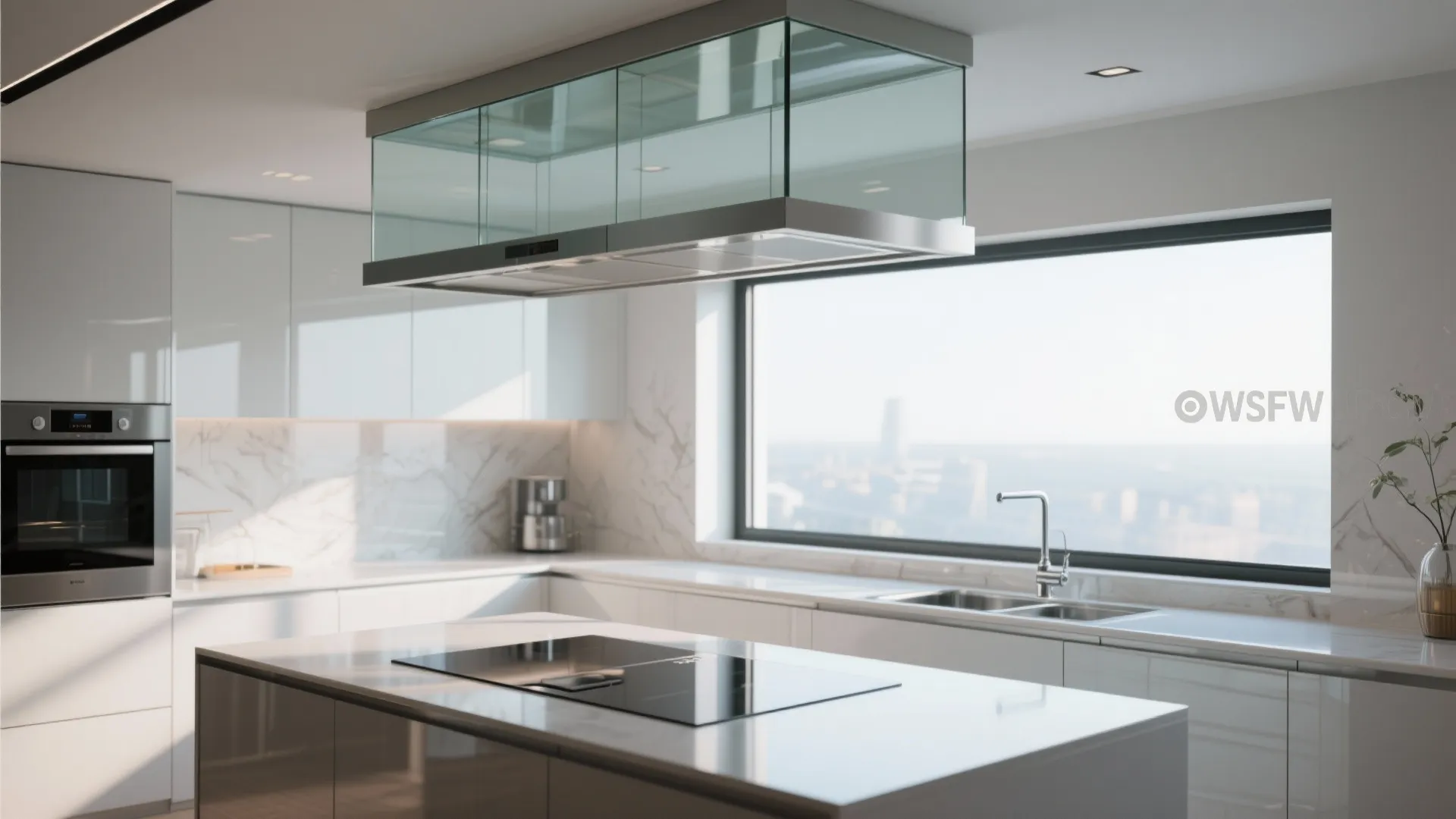 Modern bright kitchen with white cabinets large window glass light fixture and white marble walls