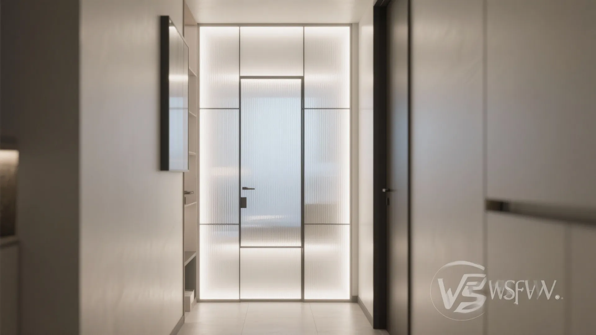 Modern hallway design featuring a frosted glass door with integrated backlight and clean white wall panels