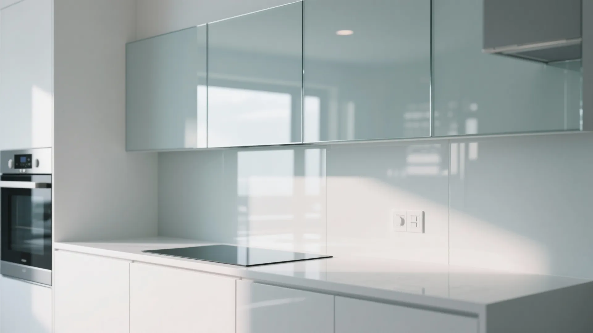 Modern white kitchen featuring glossy glass wall panels above a clean countertop with electric stove