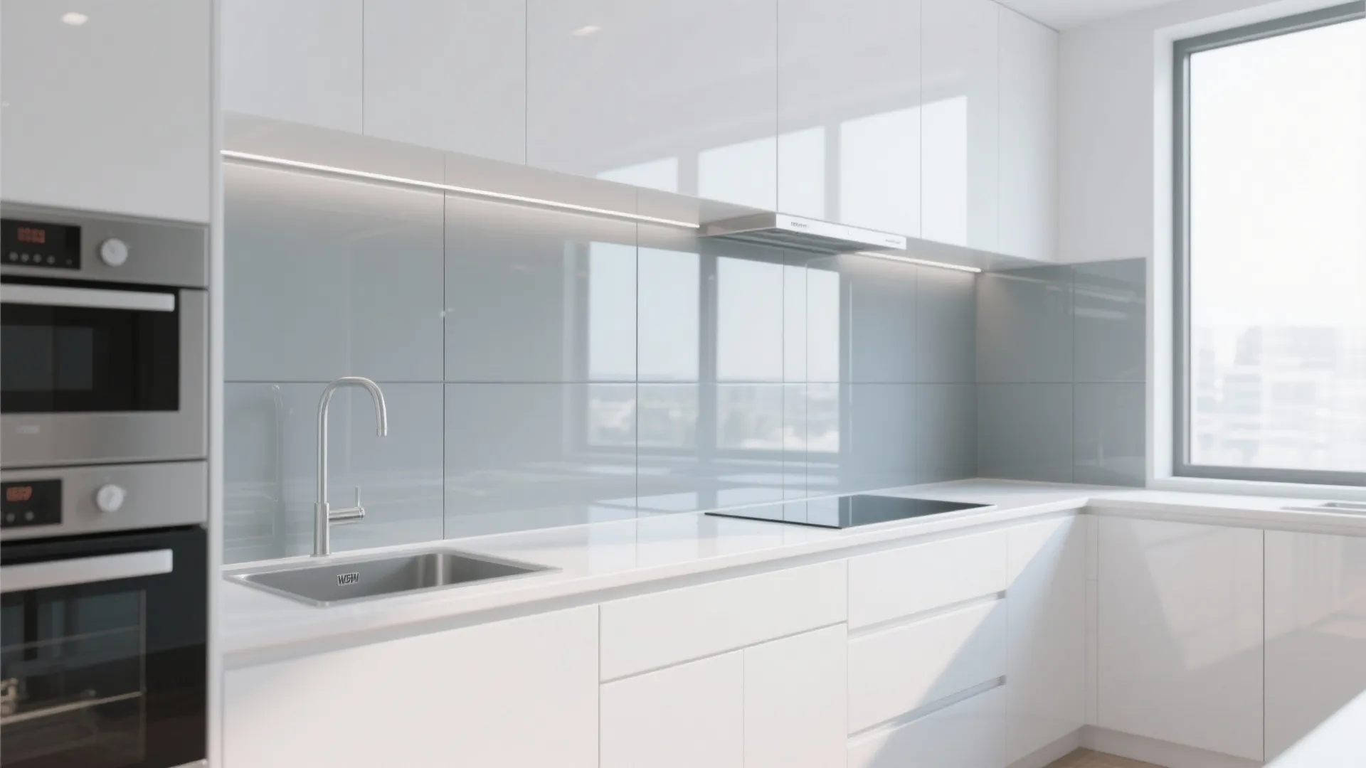 Modern white kitchen with glossy grey wall panel and built-in oven under bright natural light