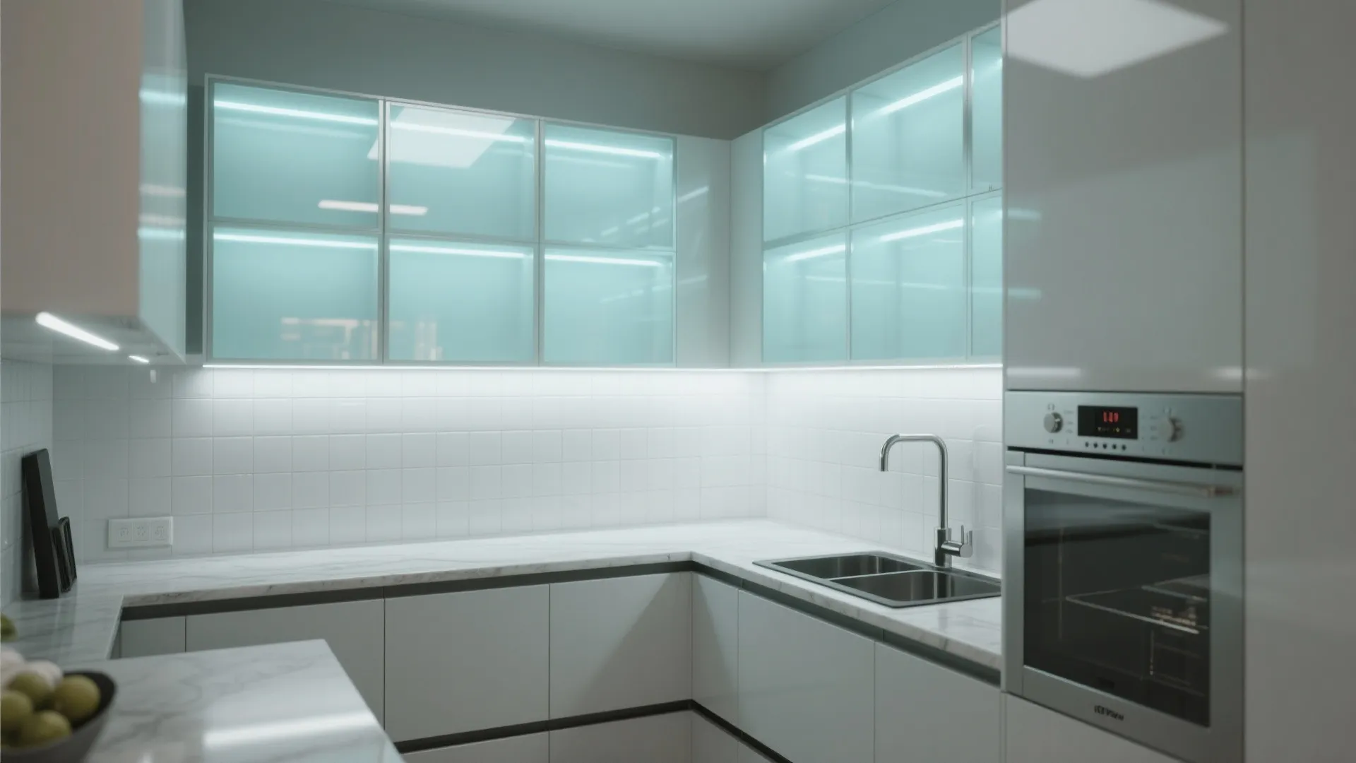 Modern white kitchen featuring glass front wall cabinets with internal lighting and stainless steel sink oven