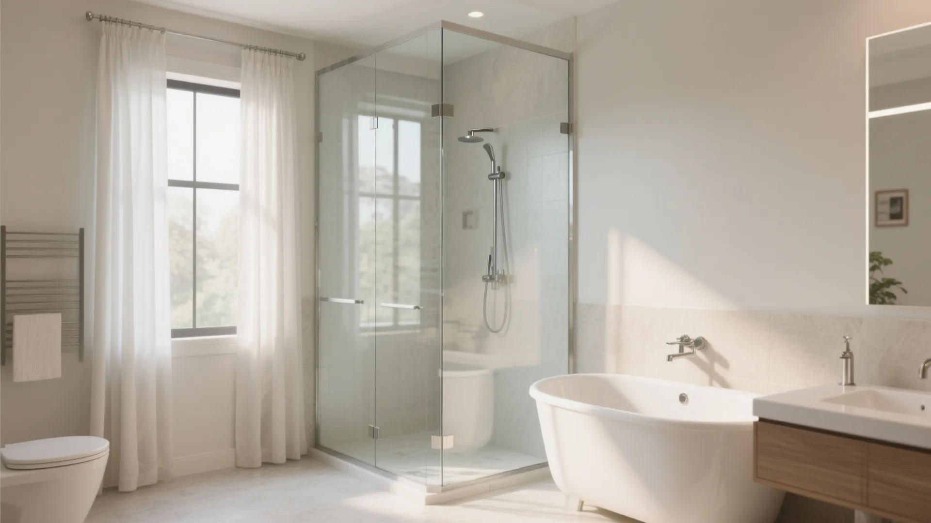 Modern bathroom with glass shower door bathtub white toilet wash basin window and white curtain design