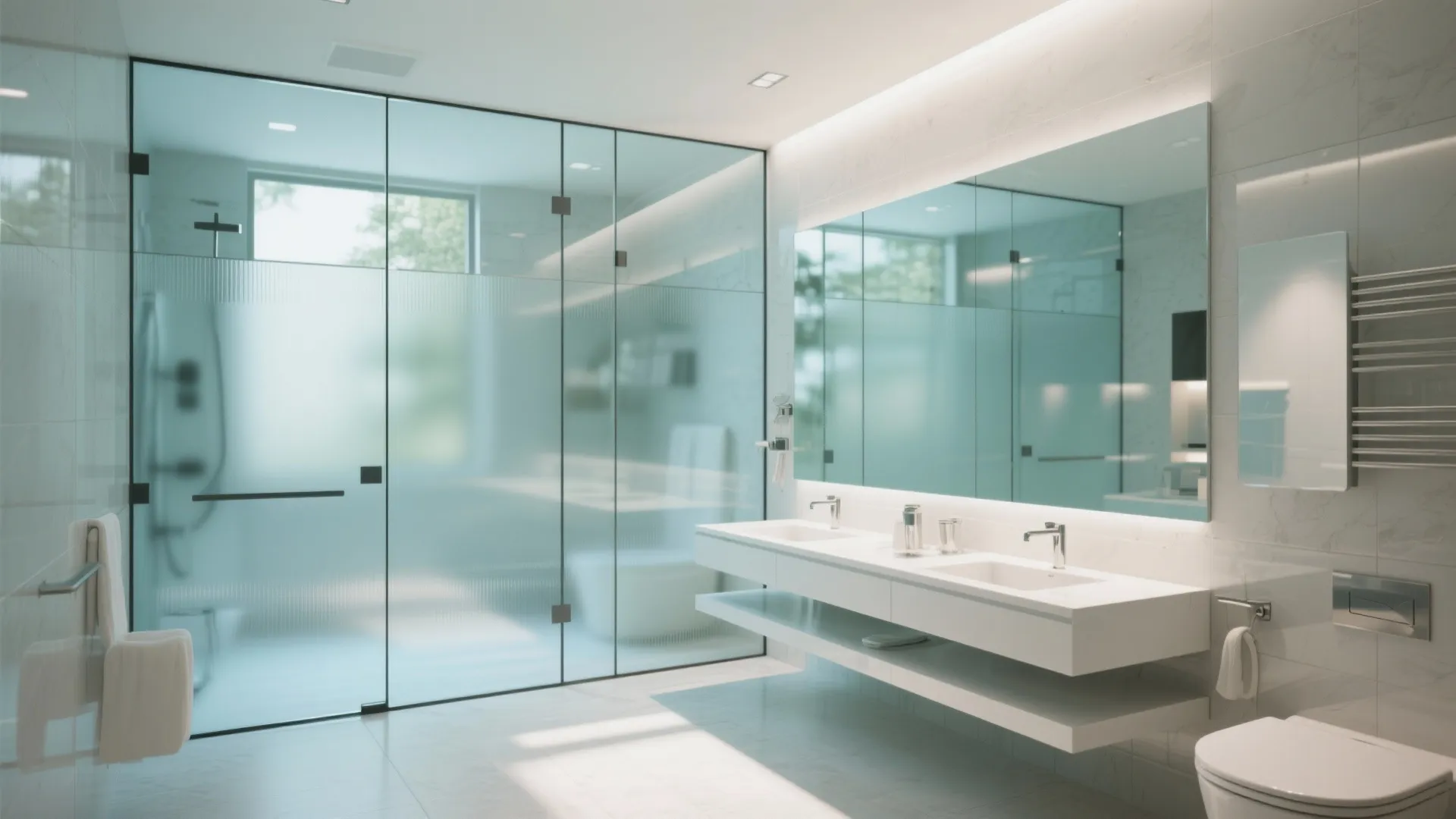 Modern white bathroom with glass shower doors, double sink vanity, large mirror, and white toilet