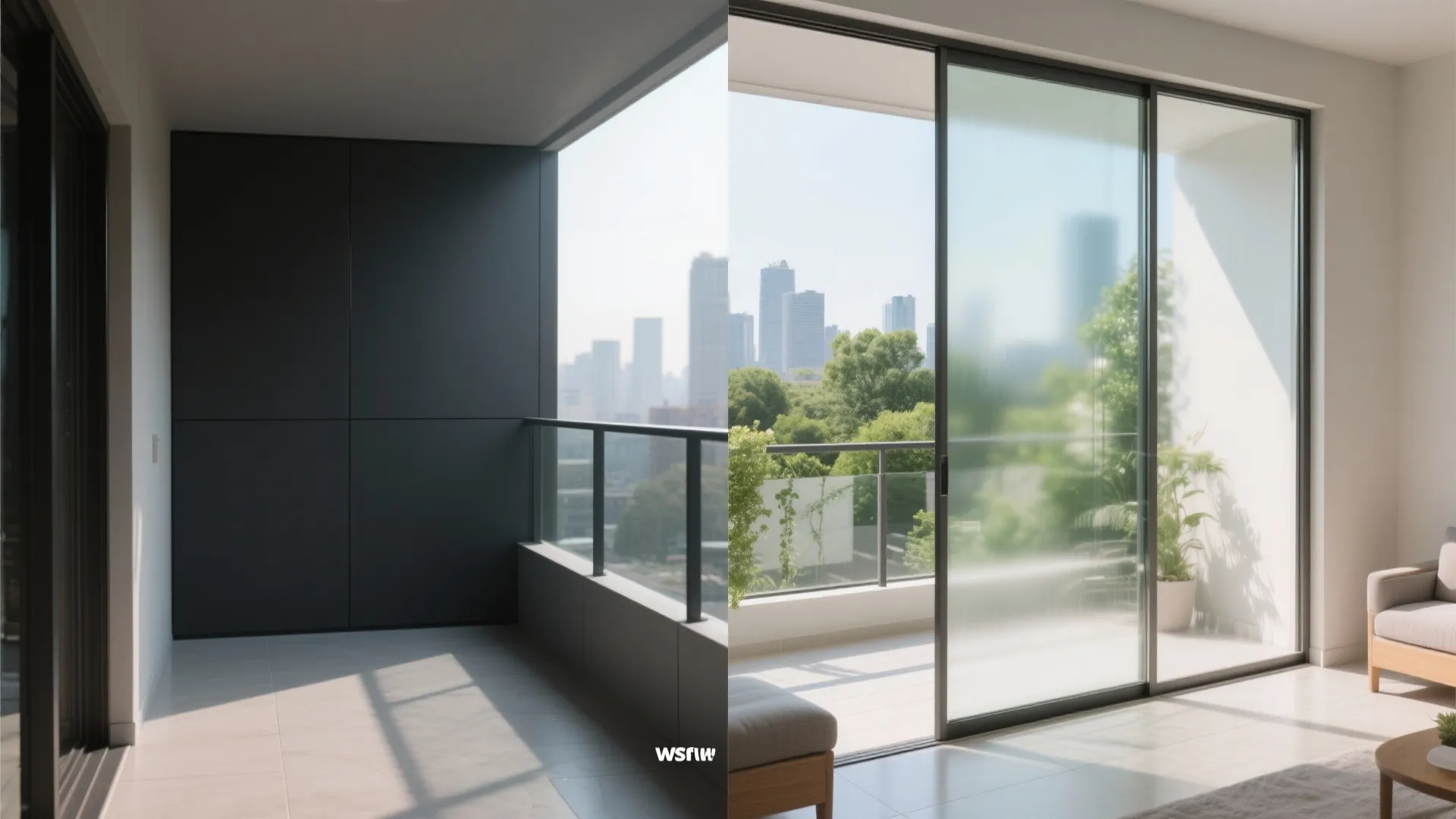 Before-and-after balcony corner showing opaque panel replaced by bright tempered glass.