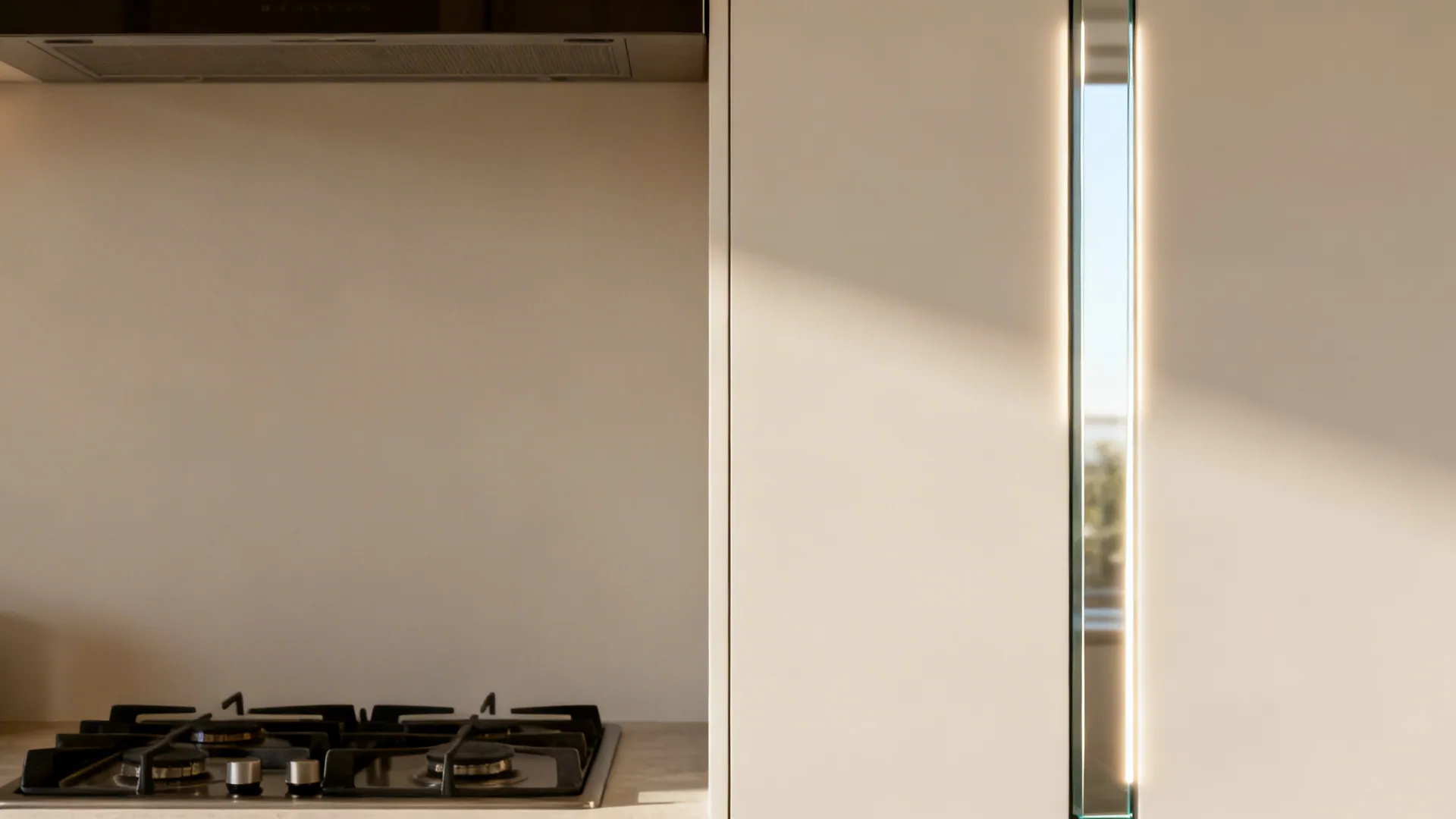 Before-and-after of a small kitchen wall upgrading to satin paint and a tempered glass panel.