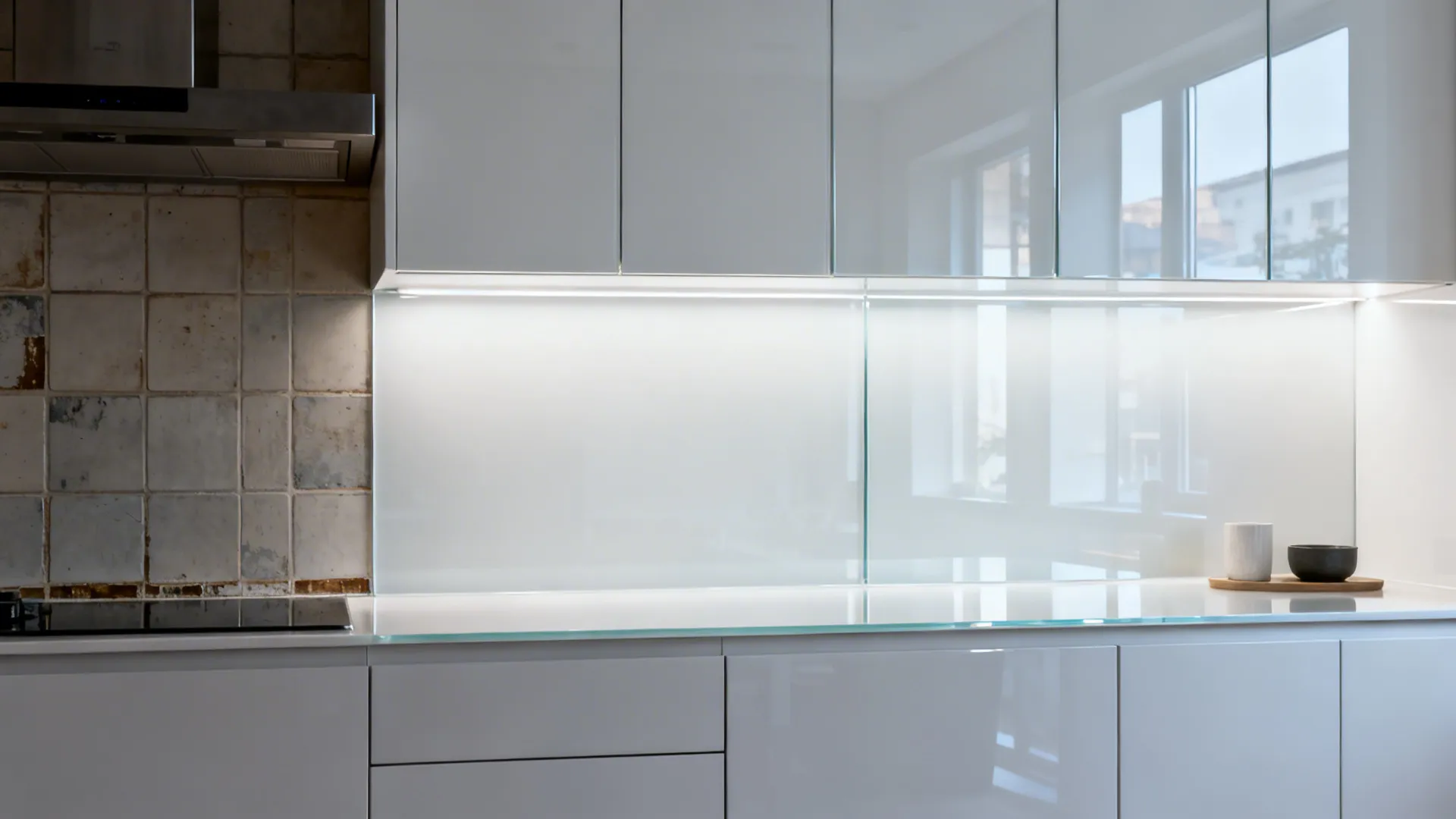 Before-and-after showing old tiled backsplash versus seamless glossy white panels.