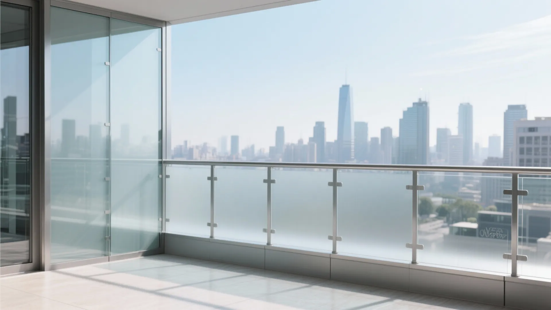 Modern balcony with frosted glass railing and large windows overlooking a city skyline with tall buildings
