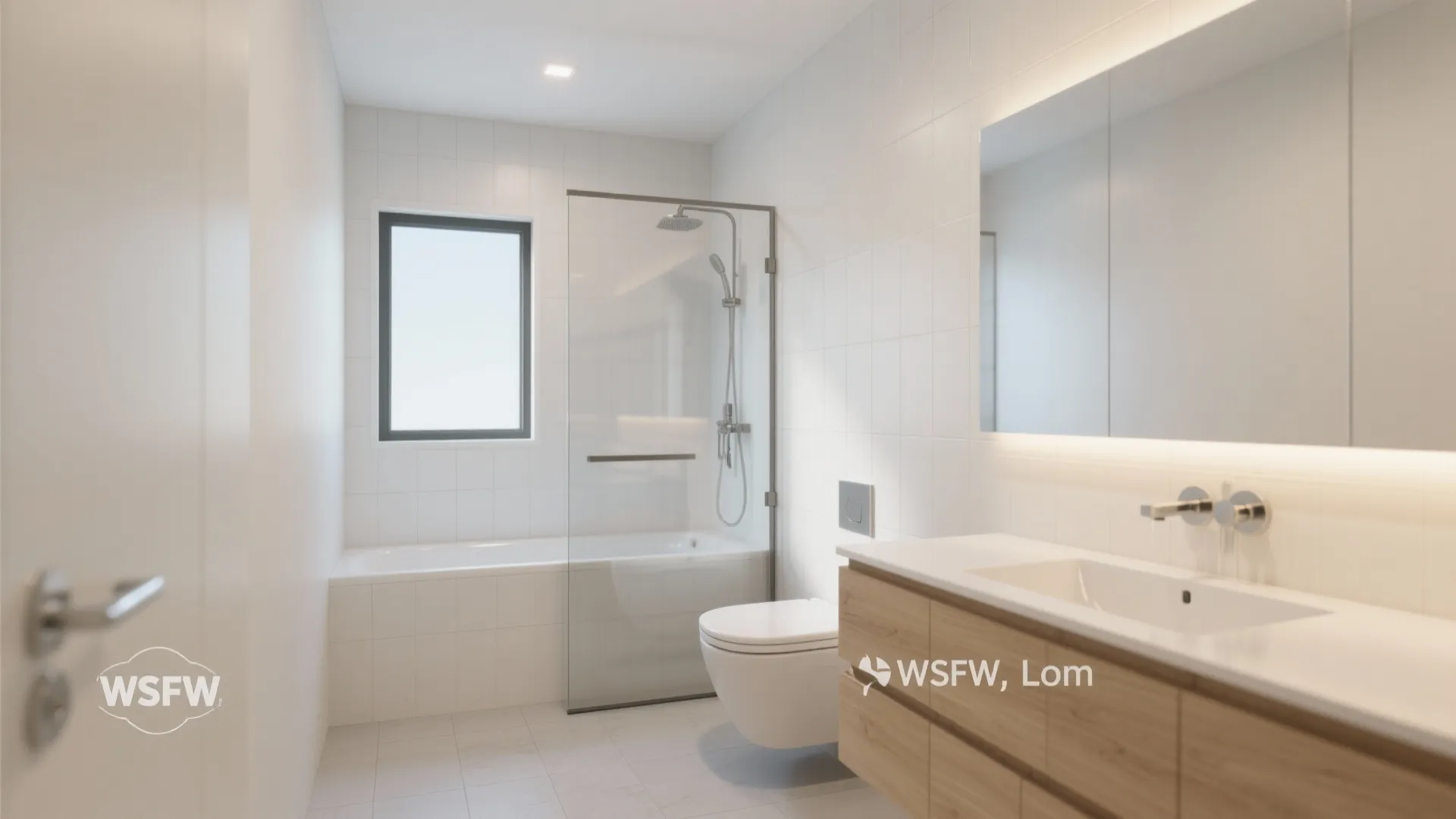 Shower-over-bath with clear glass and light finishes