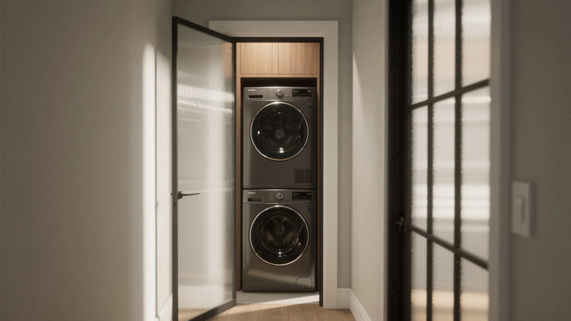 Modern laundry closet with stacked grey washing machine and dryer behind a frosted glass door