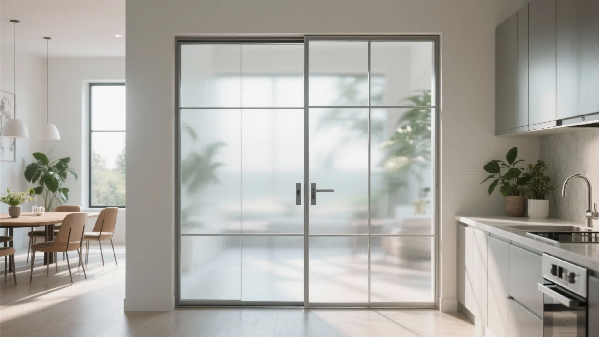 Swing door with clear and frosted glass panels allowing light to pass between kitchen and dining area.