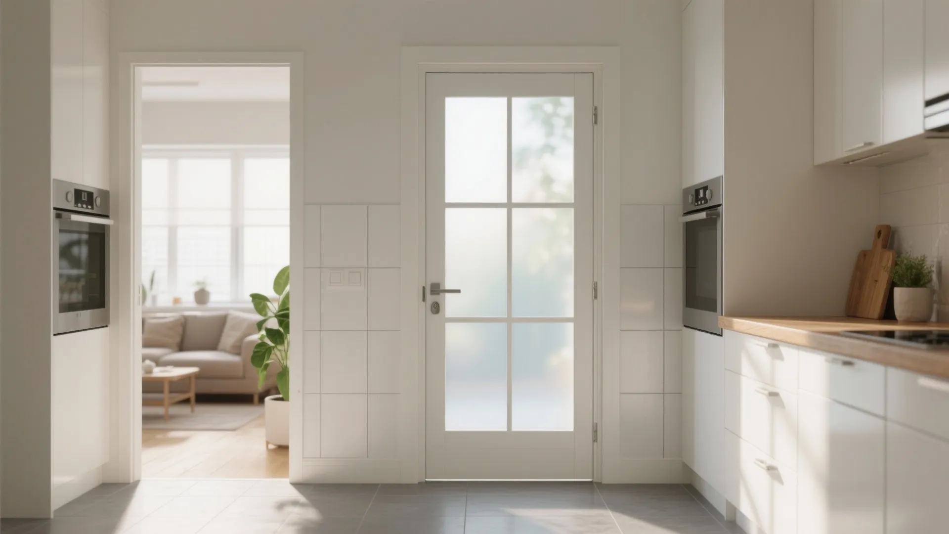 Bright kitchen with a double-acting door featuring narrow mullion frosted glass panels, sharing light while keeping privacy.