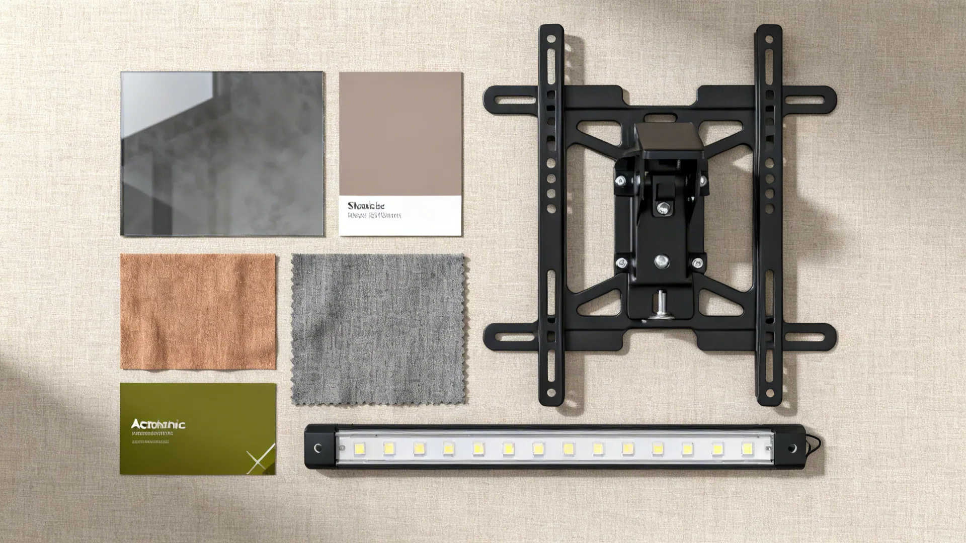 Flat lay of smoke-gray glass, matte taupe paint, warm gray fabric, olive accent, LED strip, and a tilting mount.