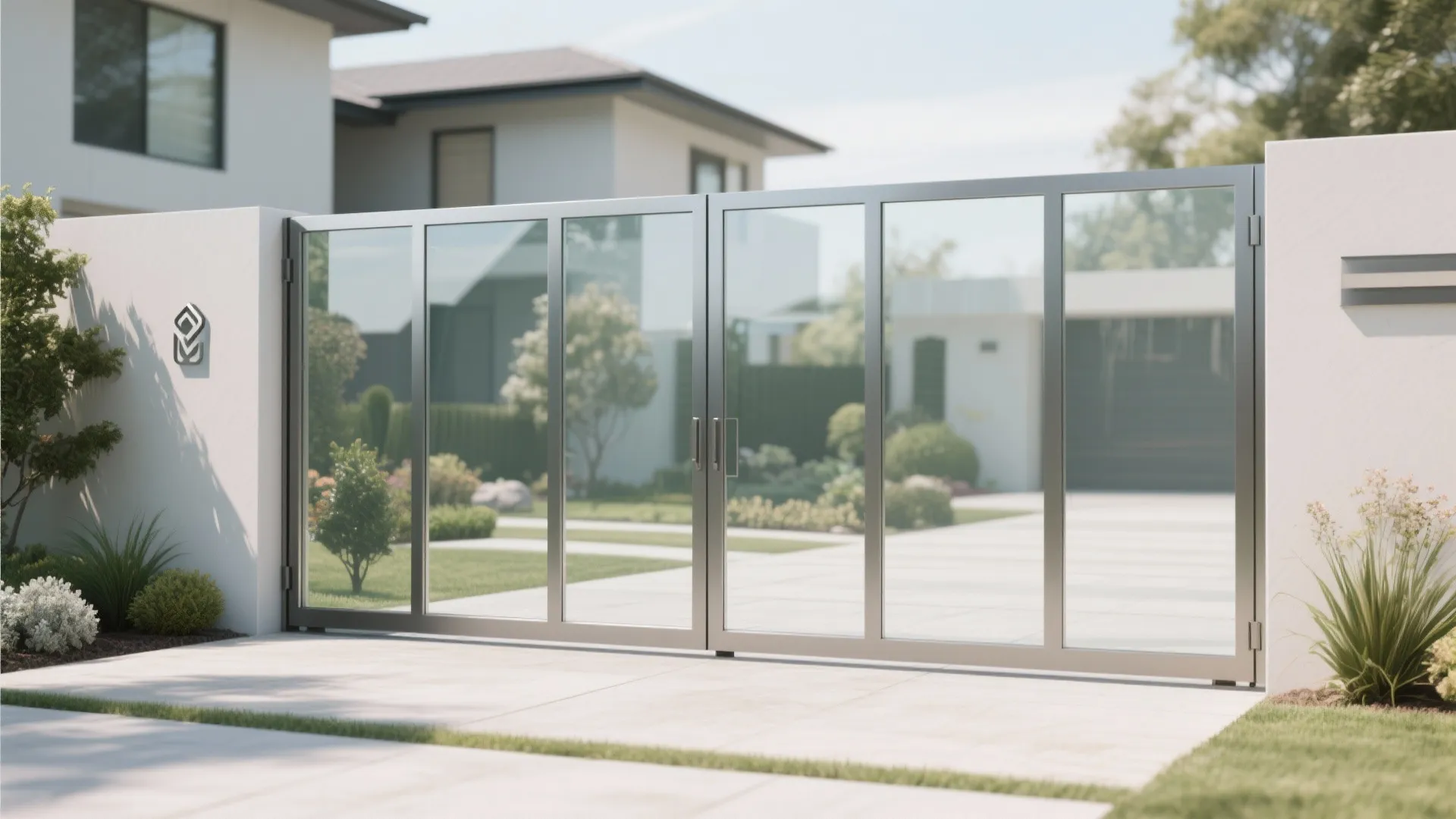 Large glass panel gate with silver metal frame for a modern house entrance and driveway