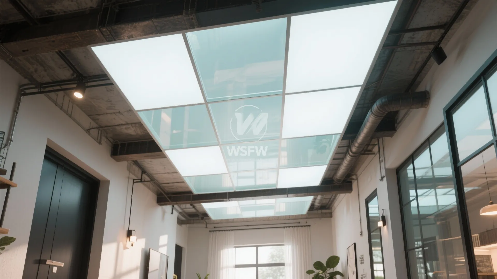 Industrial interior design with large glass ceiling panels and metal pipes above open office work space