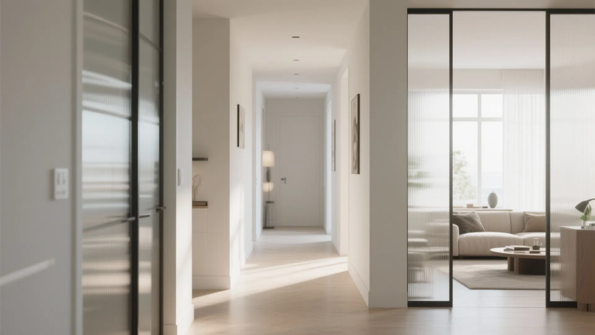 Minimalist white hallway with glass panel doors leading to a bright living room with sofa