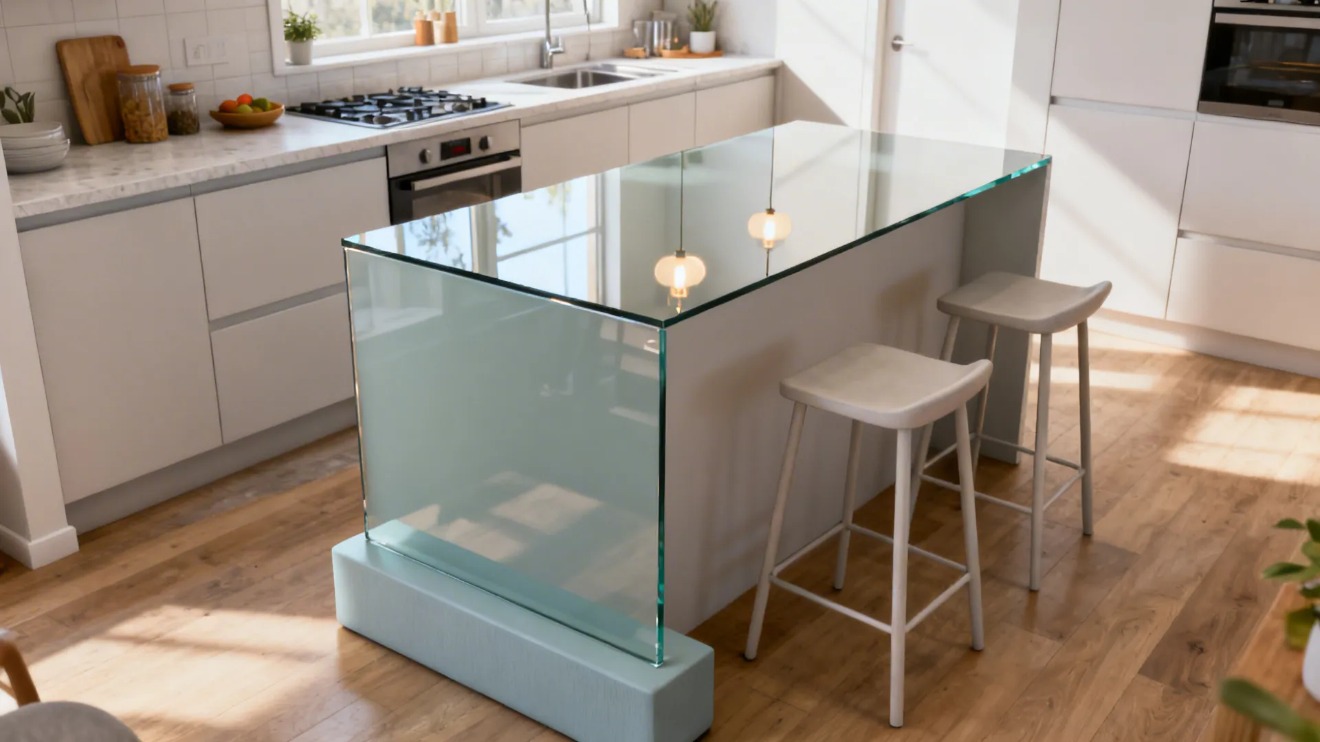 Island riser clad in low-iron back-painted glass reflecting soft light in a bright kitchen.