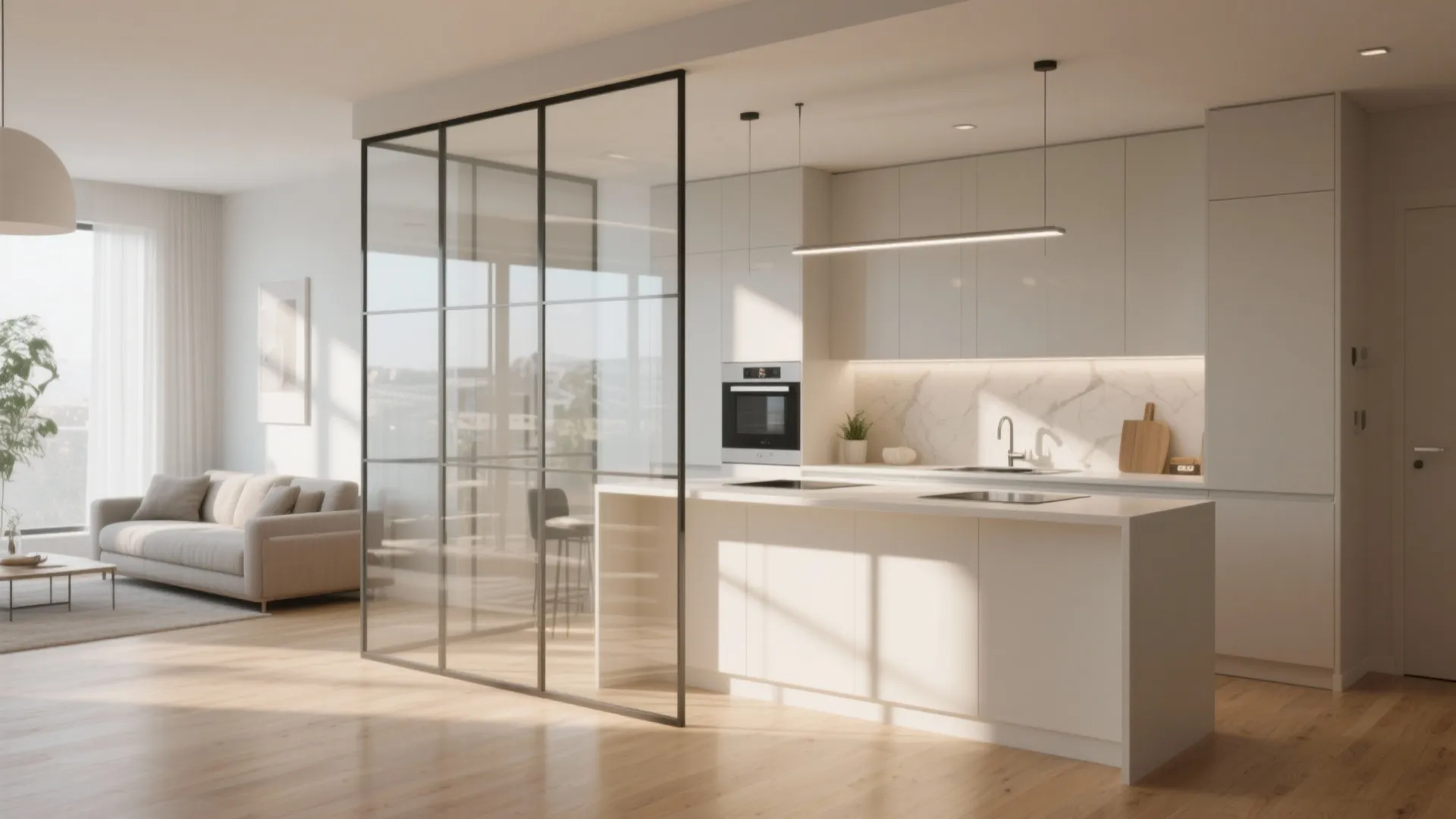 Modern white kitchen with glass partition wall large island wood floor and bright living room