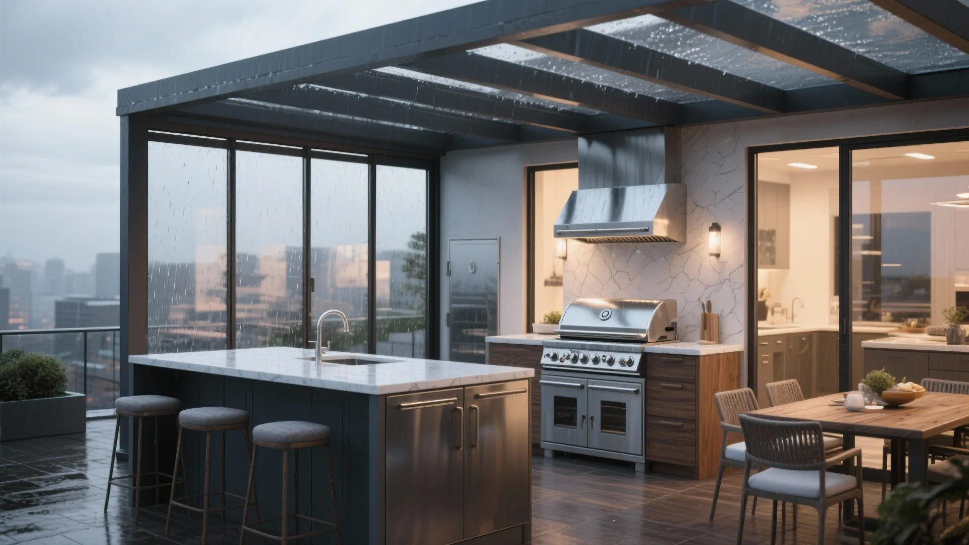 2. Covered All-Weather Kitchen with Glass Panels