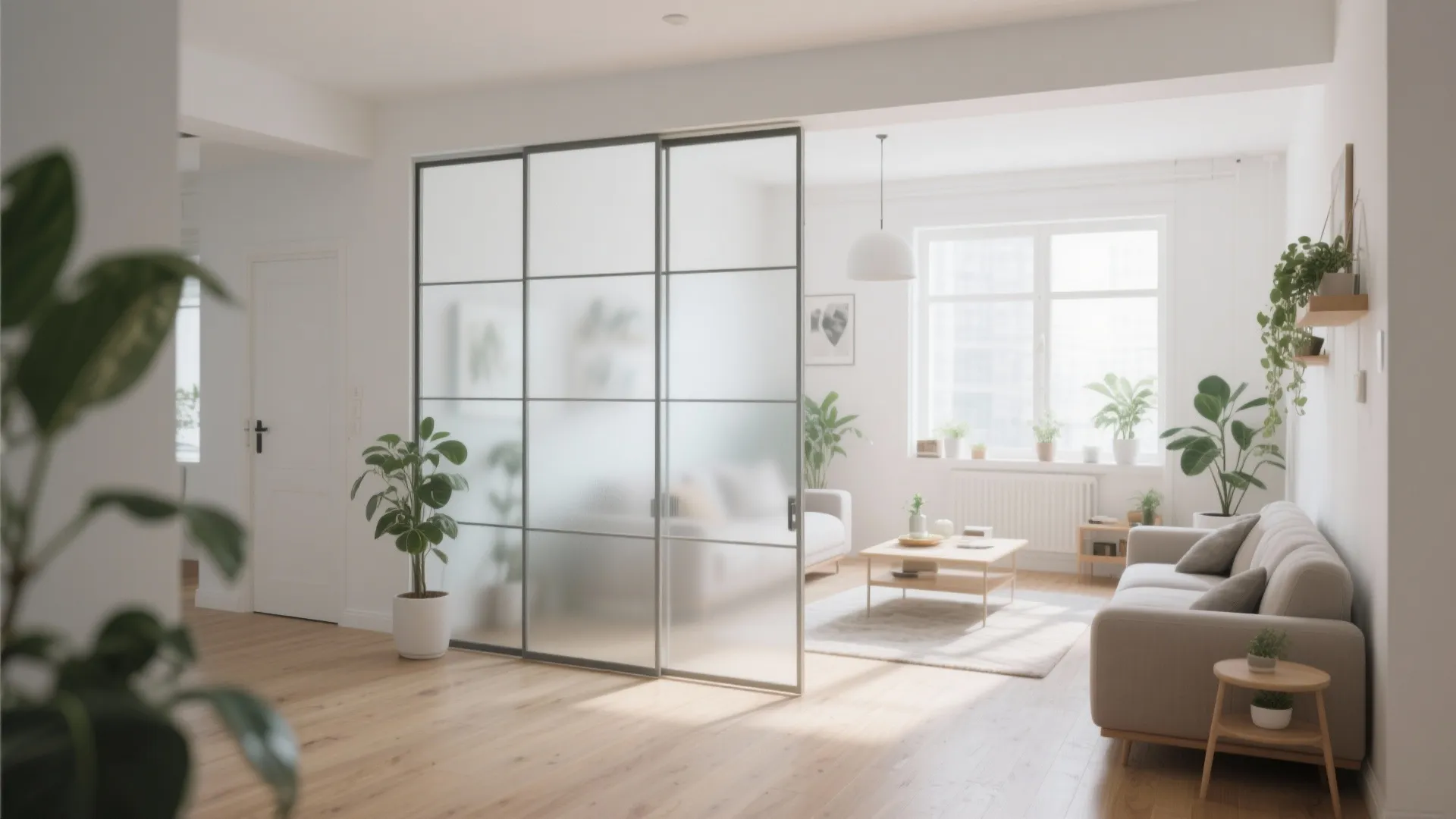Modern living room with sliding glass partition, beige sofa, wooden floor, plants, and natural light