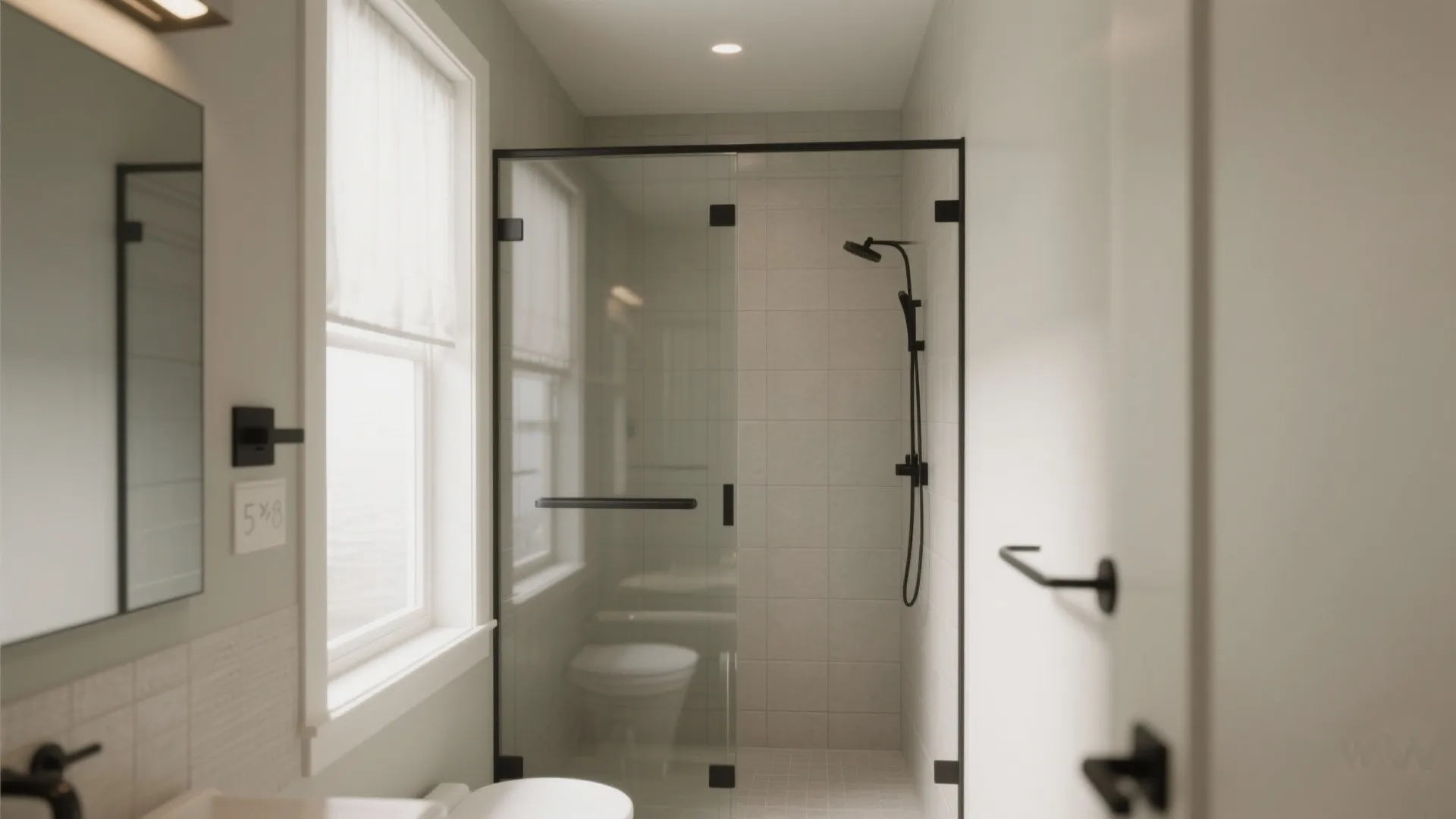Small bathroom interior showing glass shower door window with curtain mirror and black metal towel rack