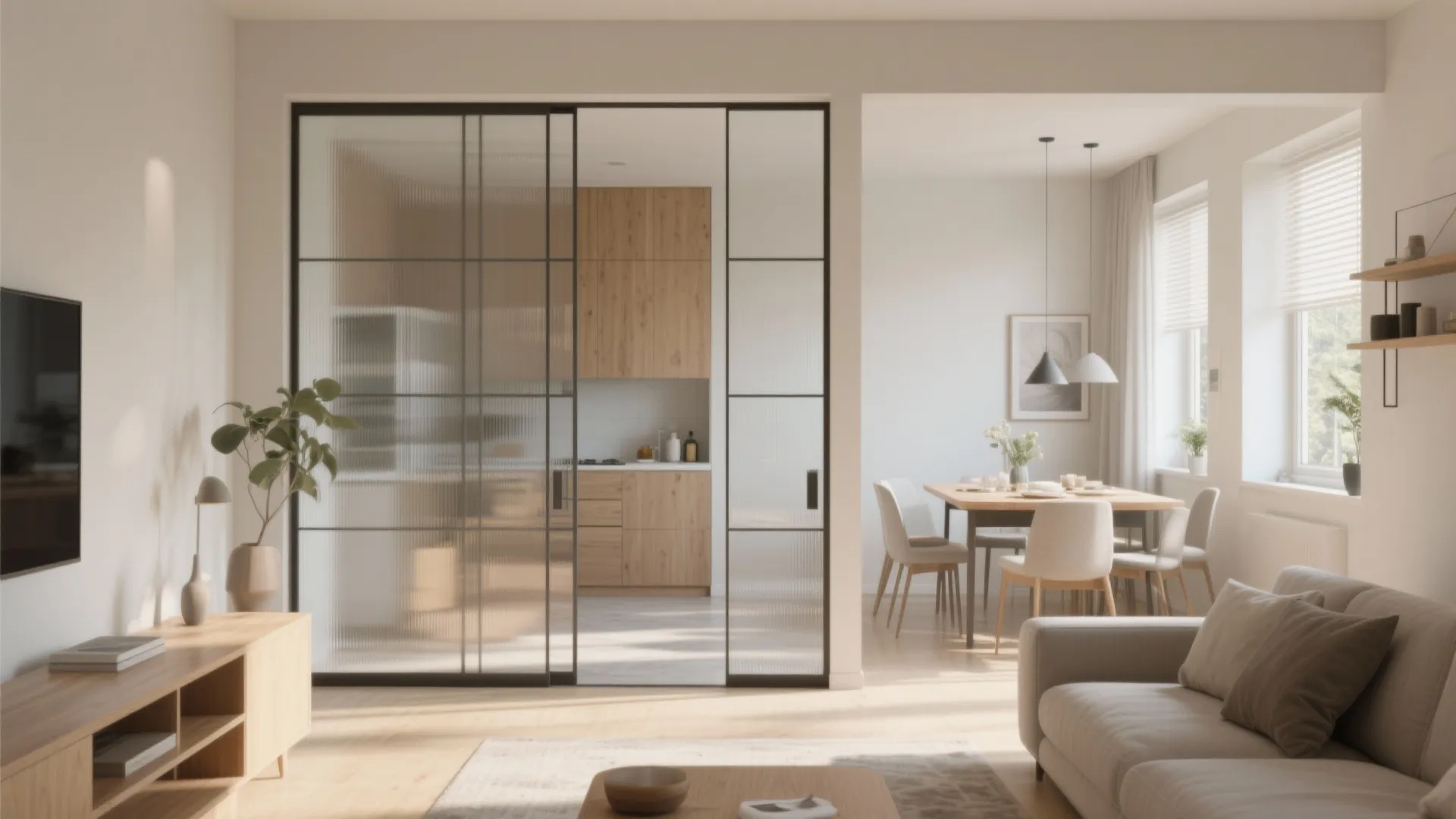 1. Glass panel partitions for light and connection