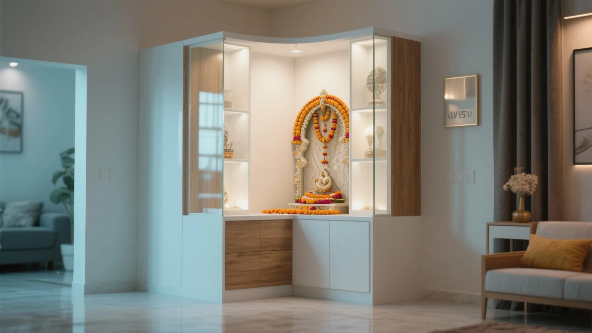 Modern white and wood corner prayer cabinet with glass display shelves and warm interior lights