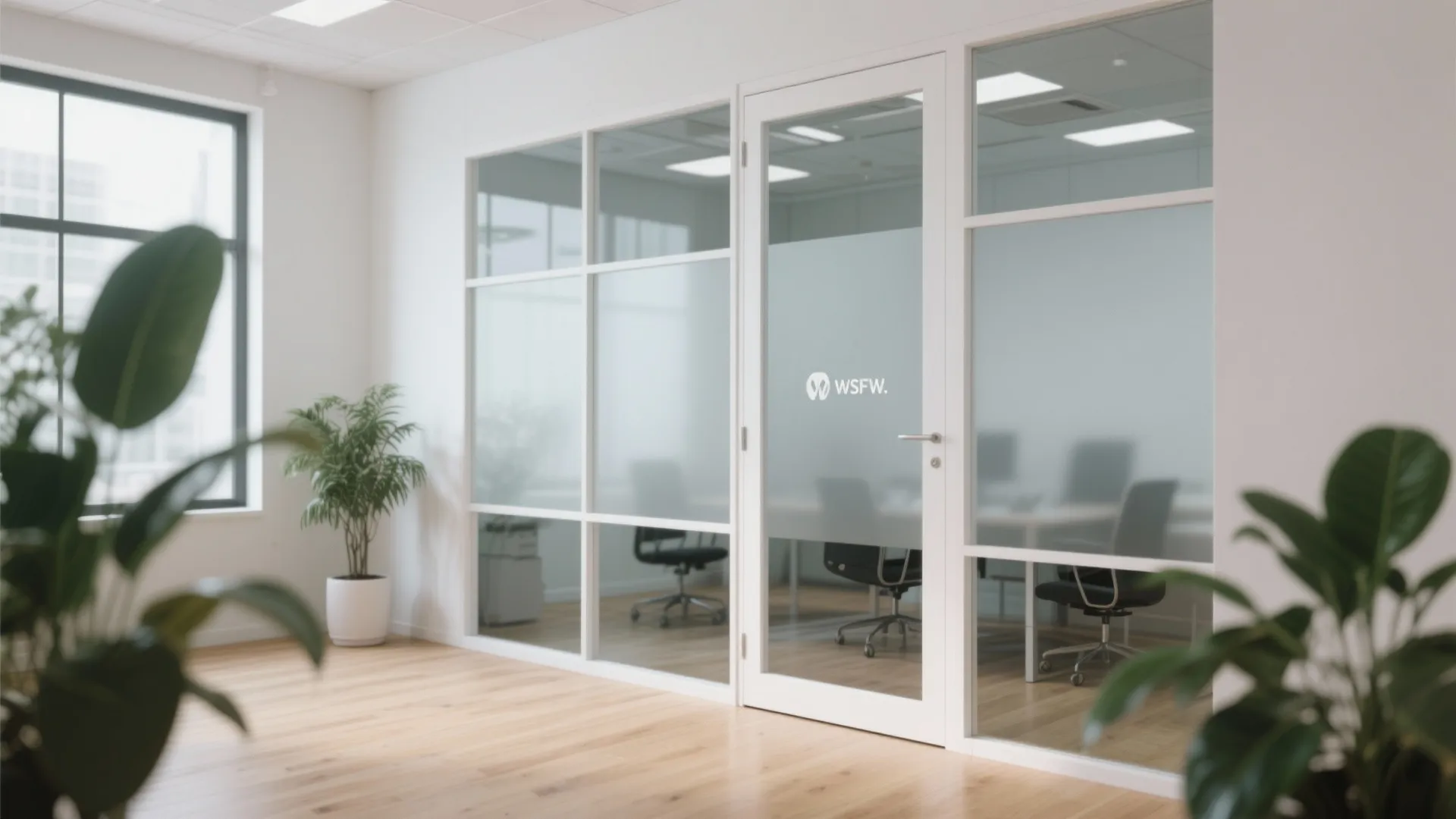 Modern office interior with glass walls white door wood floor green plants and meeting chairs