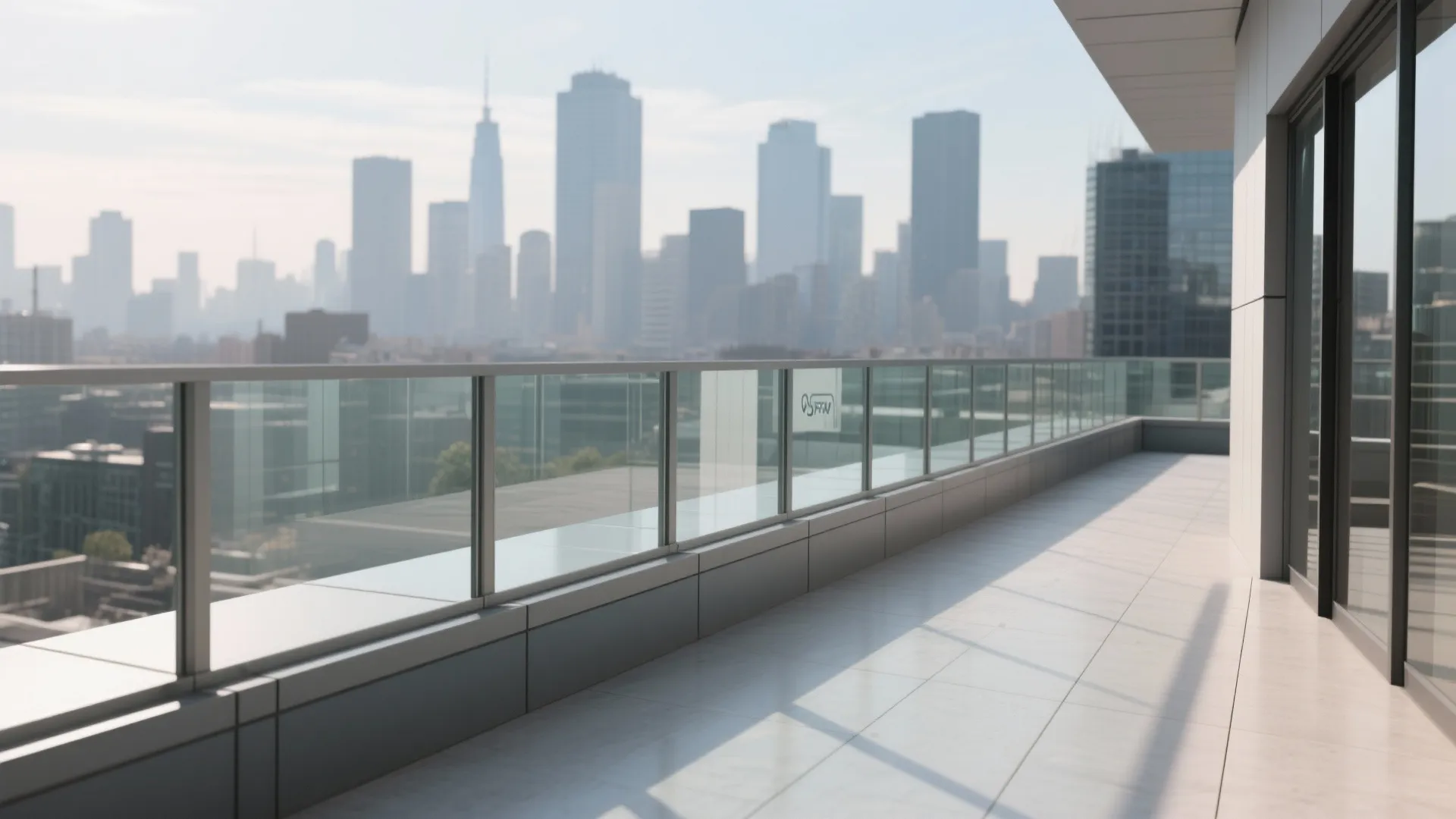 Modern balcony with clear glass railing overlooking a city skyline with many tall office buildings