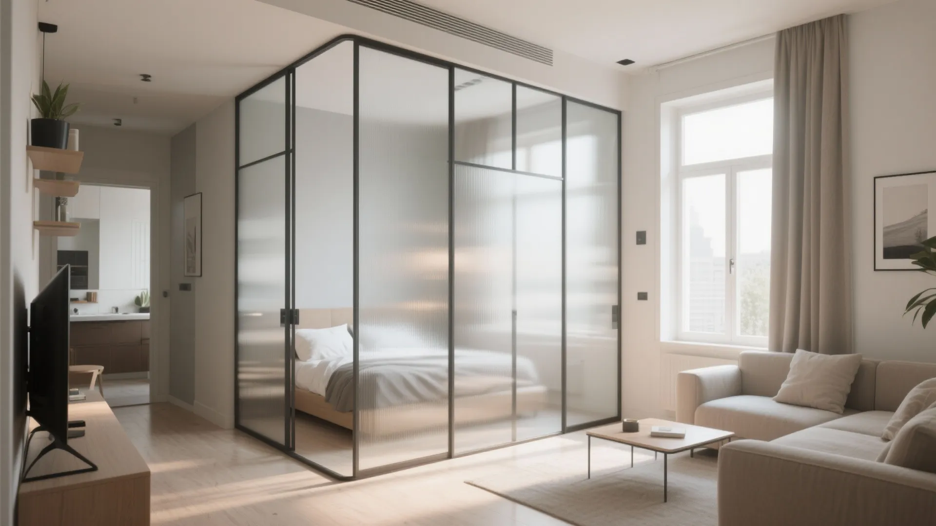 Glass panel wall with black frame separating a modern bedroom from the main living room