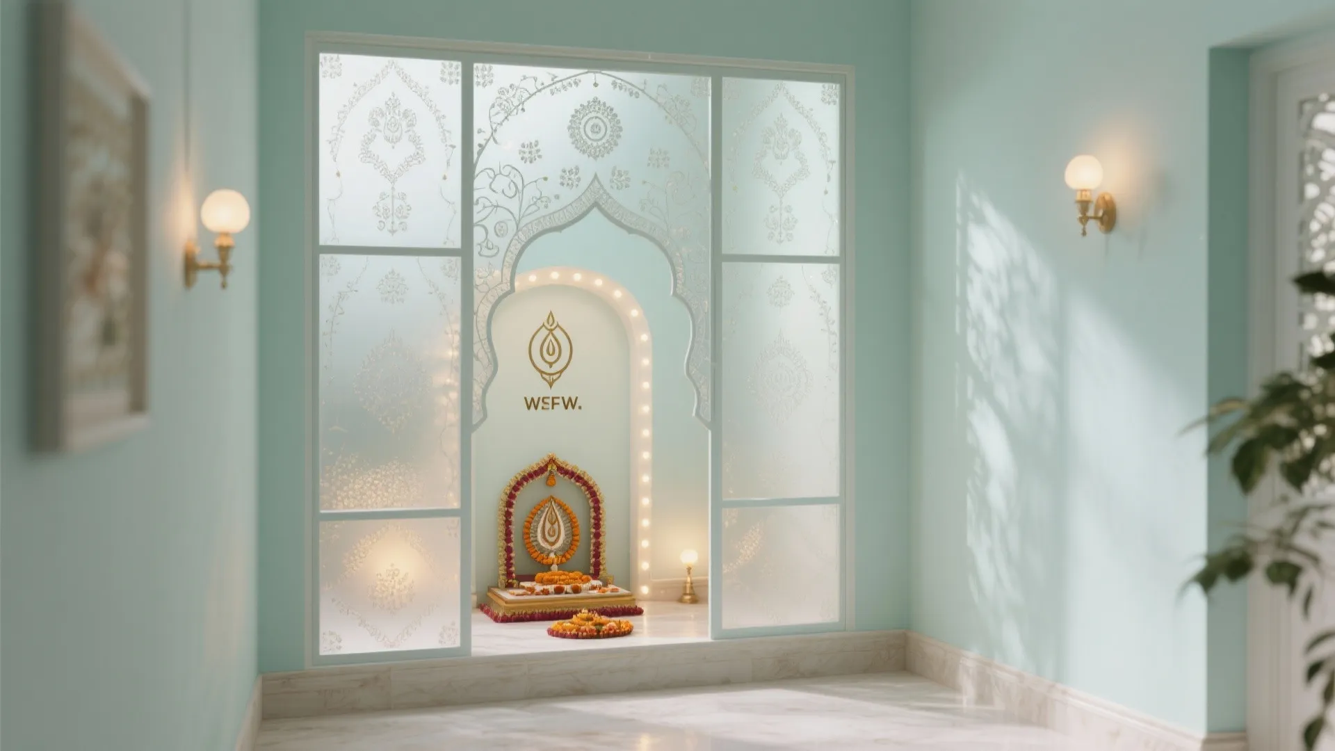 Light blue room featuring a decorative glass partition leading to a small indoor prayer space design