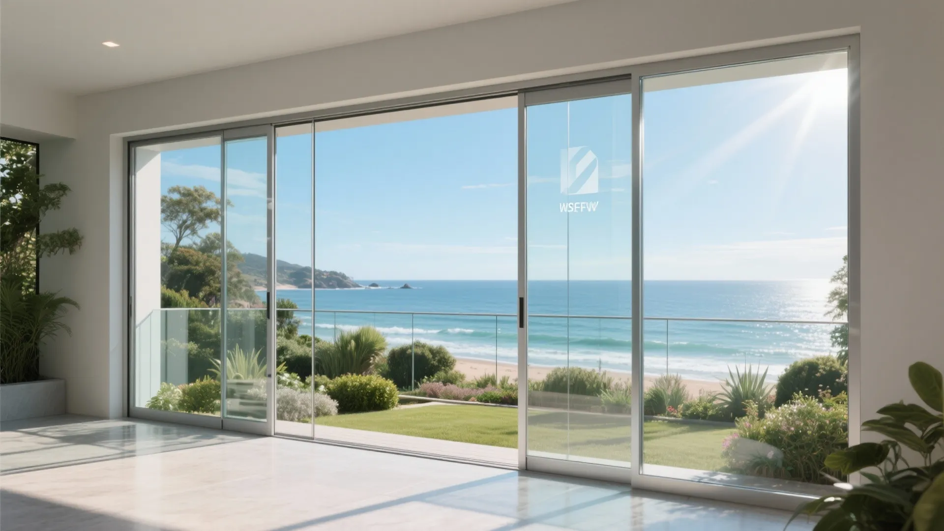 Modern interior living room with large glass sliding doors looking out to the blue ocean