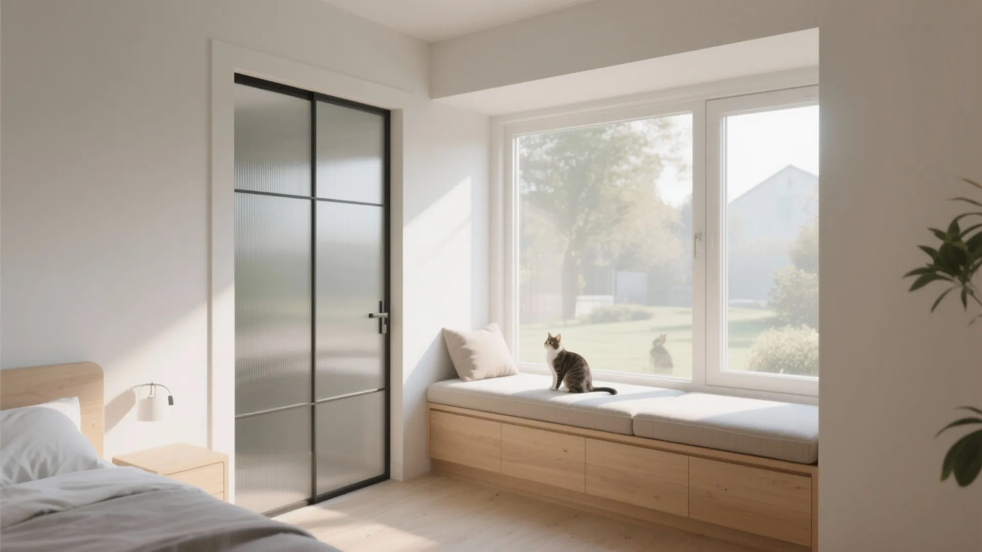 Minimalist bedroom with glass door, wooden window seat, sitting cat, bed, and natural outdoor sunlight
