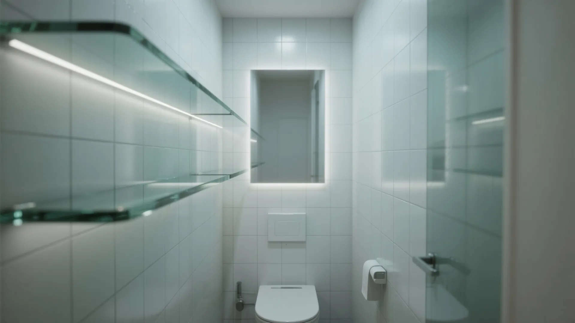 Small white bathroom with glass wall shelves mirror with light toilet and white wall tiles